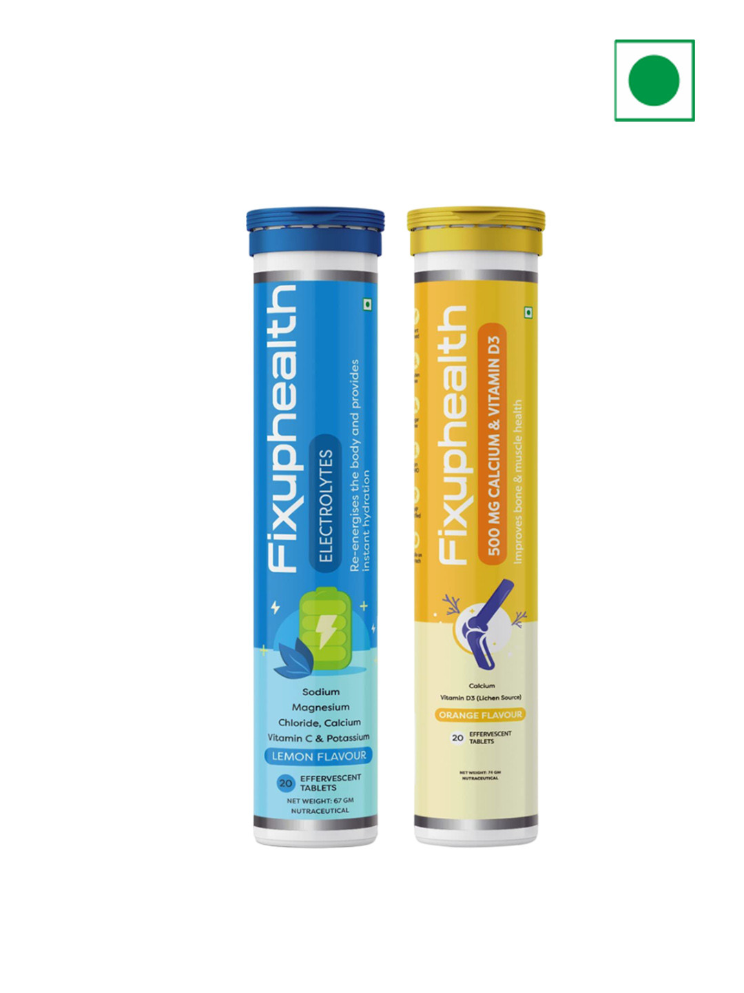 Fixuphealth Electrolyte Effervescent - 20 tablets & Calcium 500mg Bone Muscles- 20Tablet