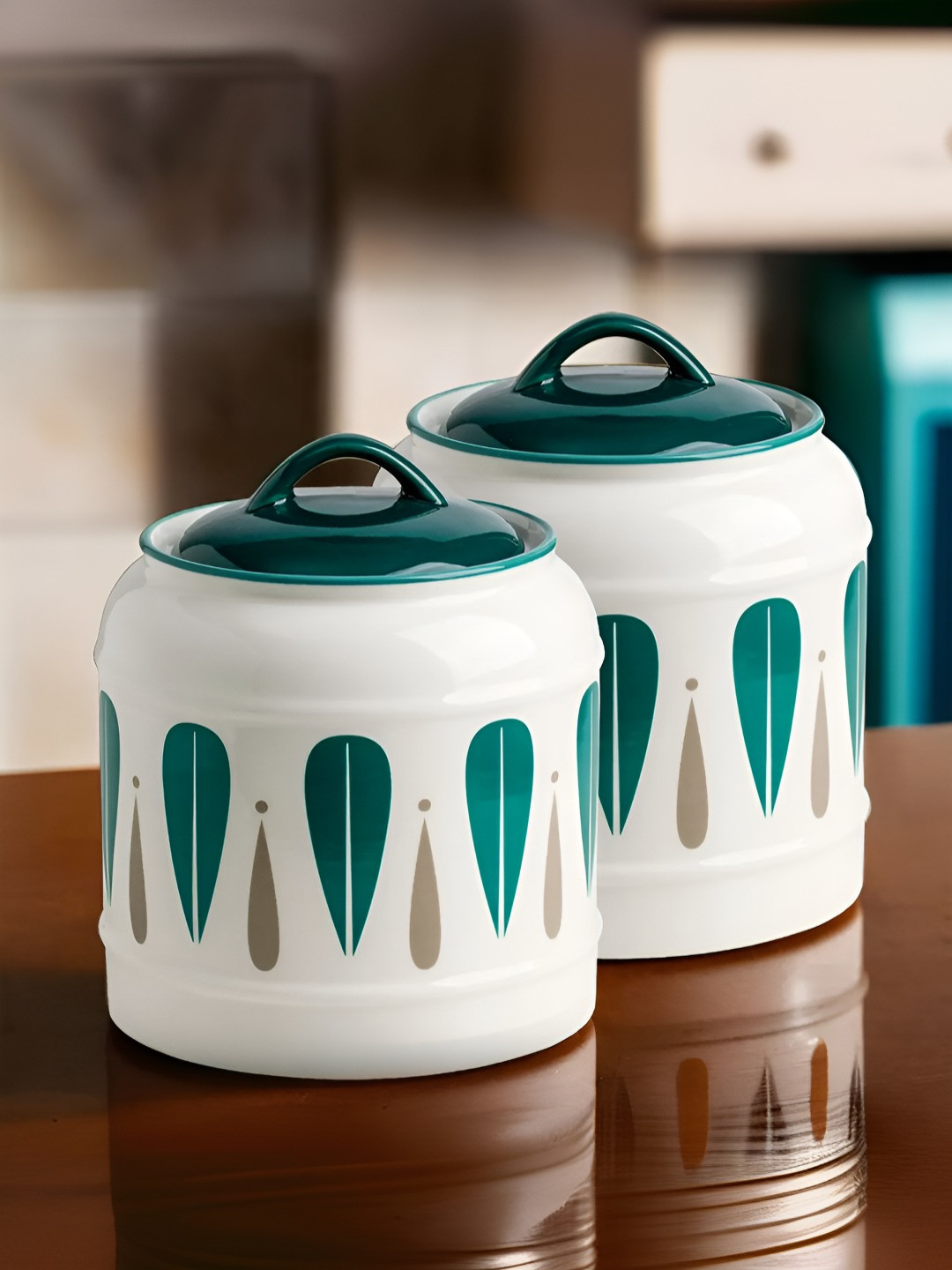 UMAI White & Green 2 Pieces Ceramic Canister Container 2.5 Litre