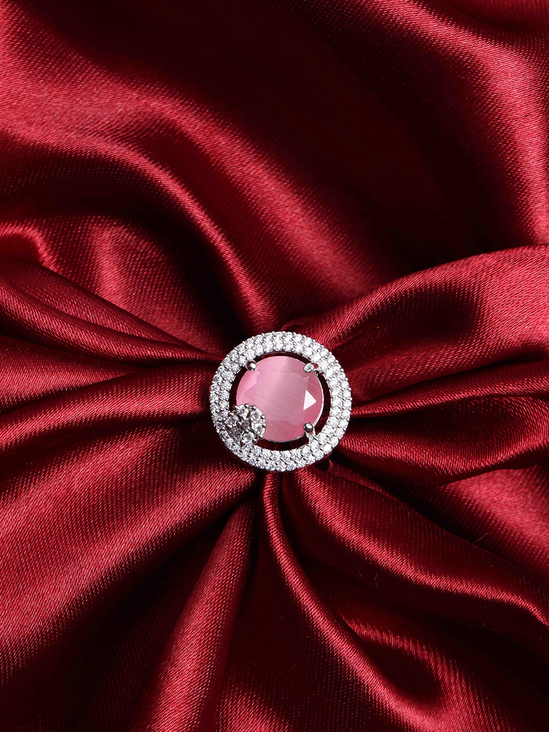 PANASH Rhodium Plated American Diamond Ring with Pink Stone Centerpiece