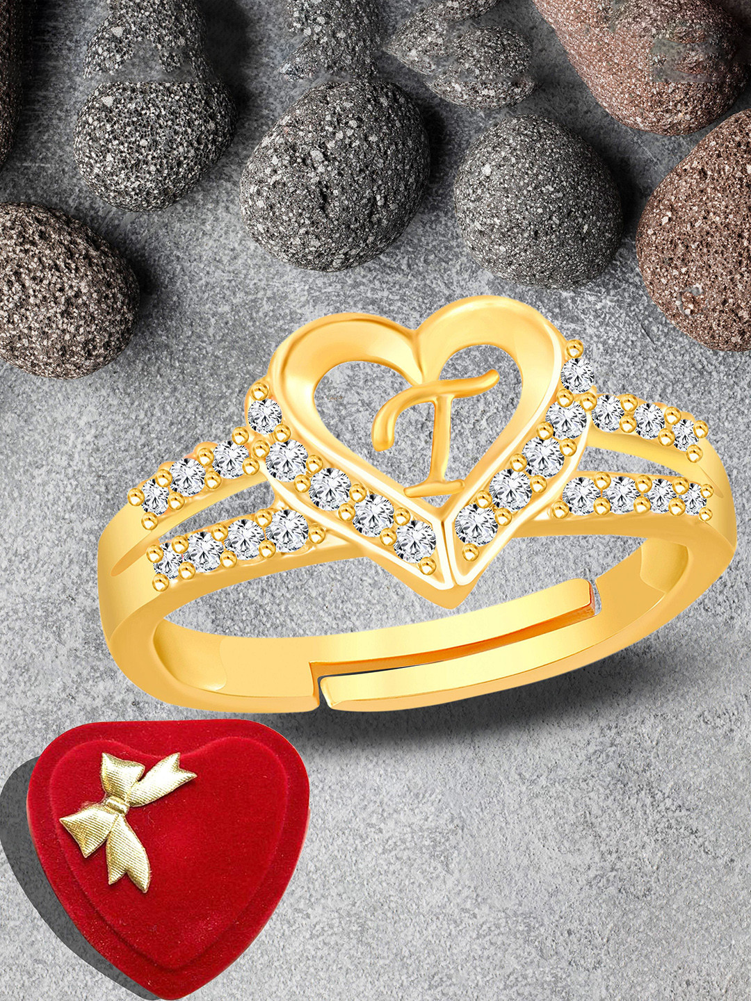 Lila Gold-Plated Stones-Studded T Alphabet Finger Ring