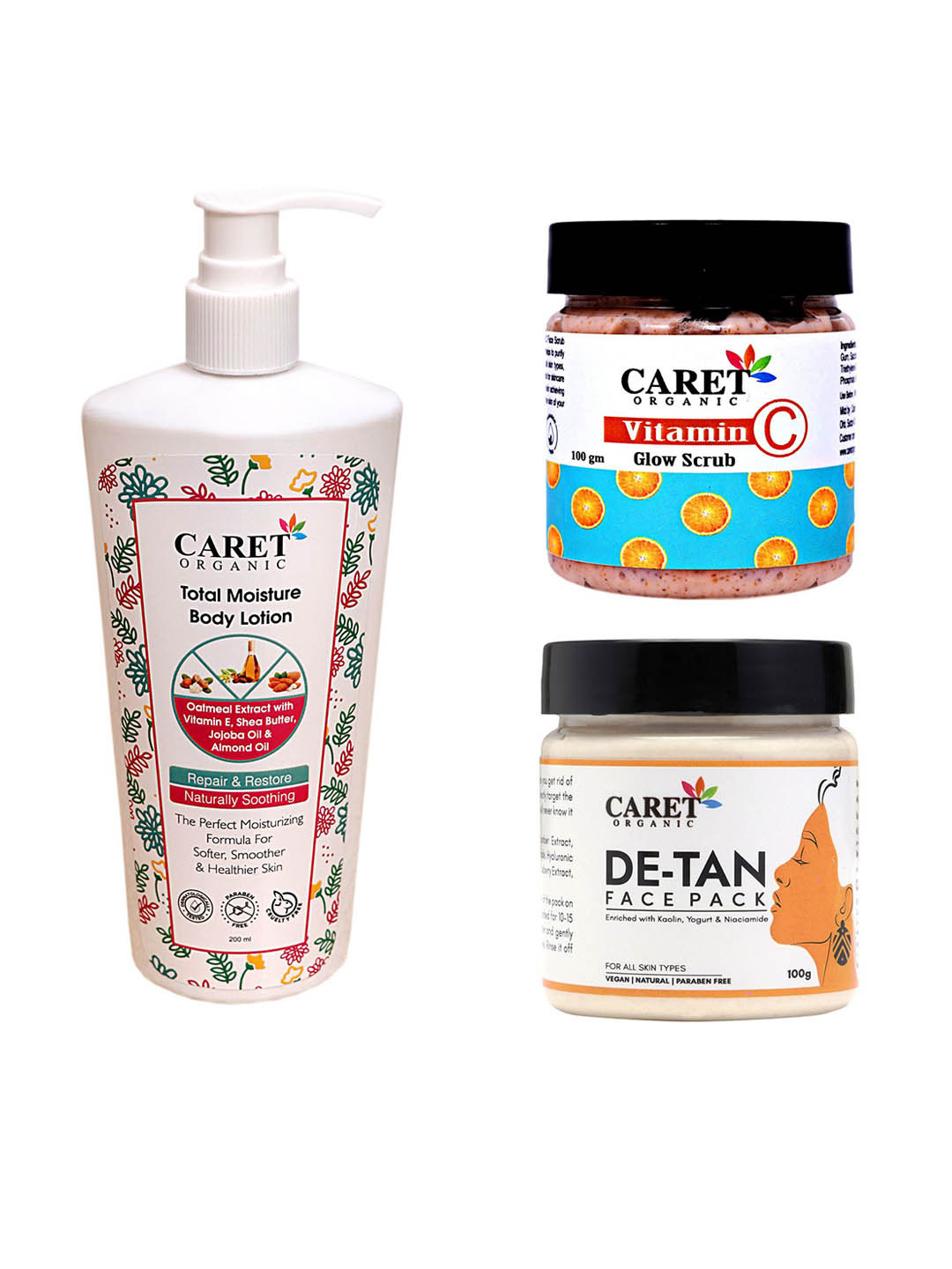 CARET ORGANIC Total Moisture Body Lotion & Vitamin C Glow Scrub & De-Tan Face Pack