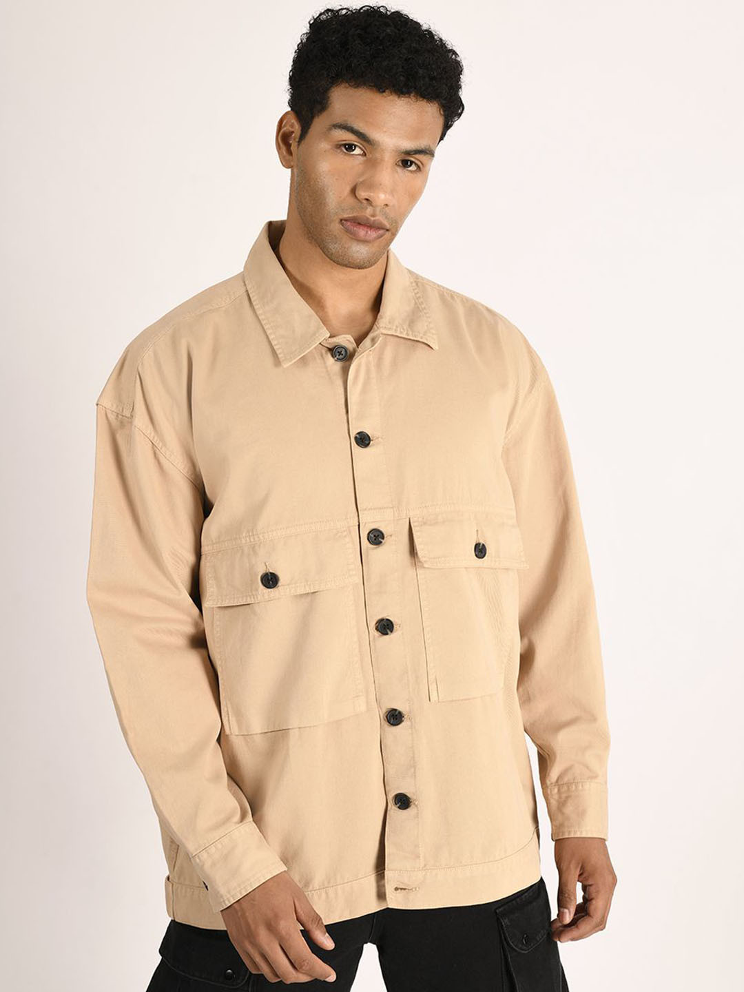 The Roadster Lifestyle Co. Beige Pure Cotton Oversized Open Front Jacket