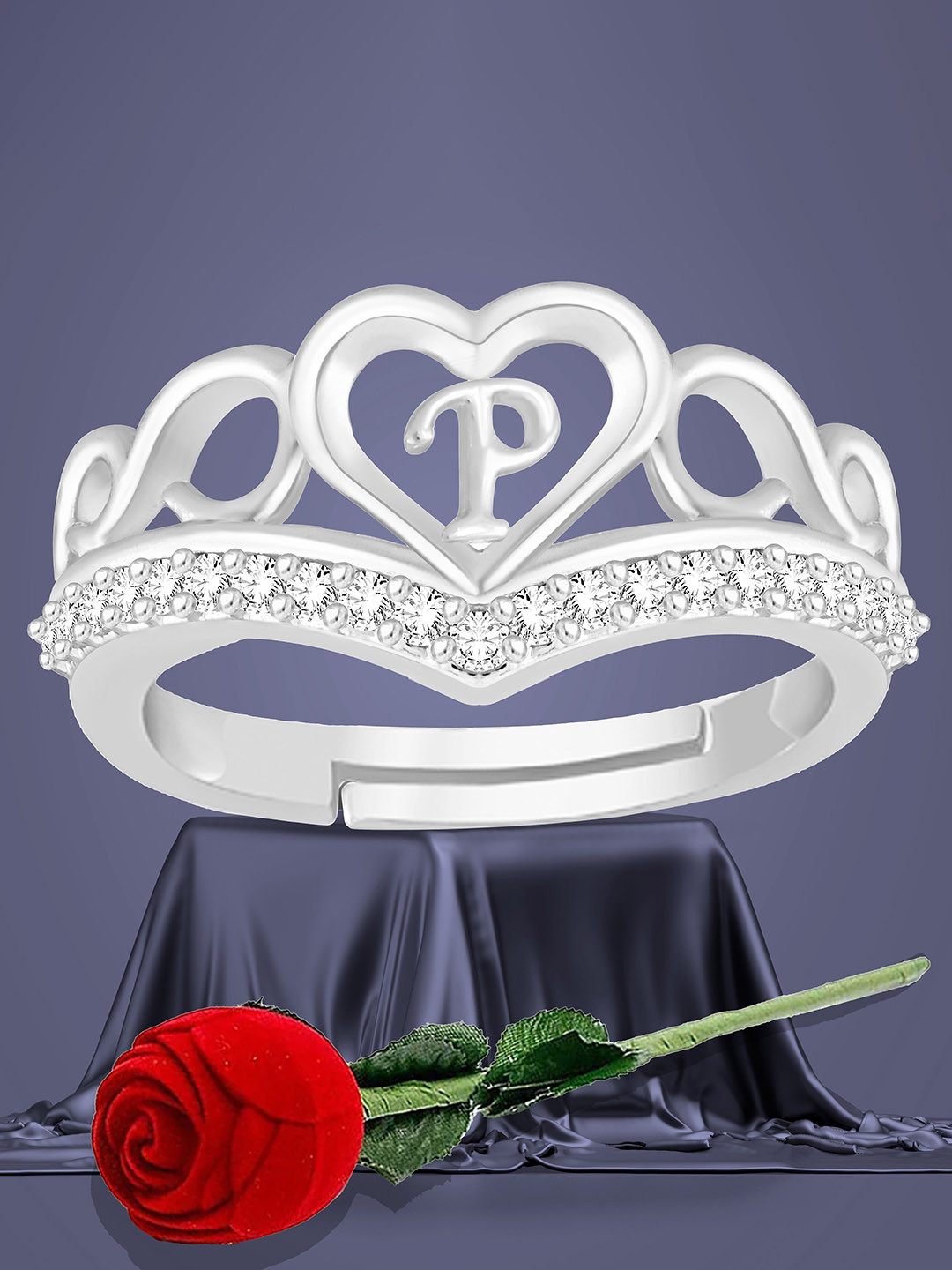 Lila Silver-Plated American Diamond Studded Heart Alphabet P Finger Ring With Rose Box