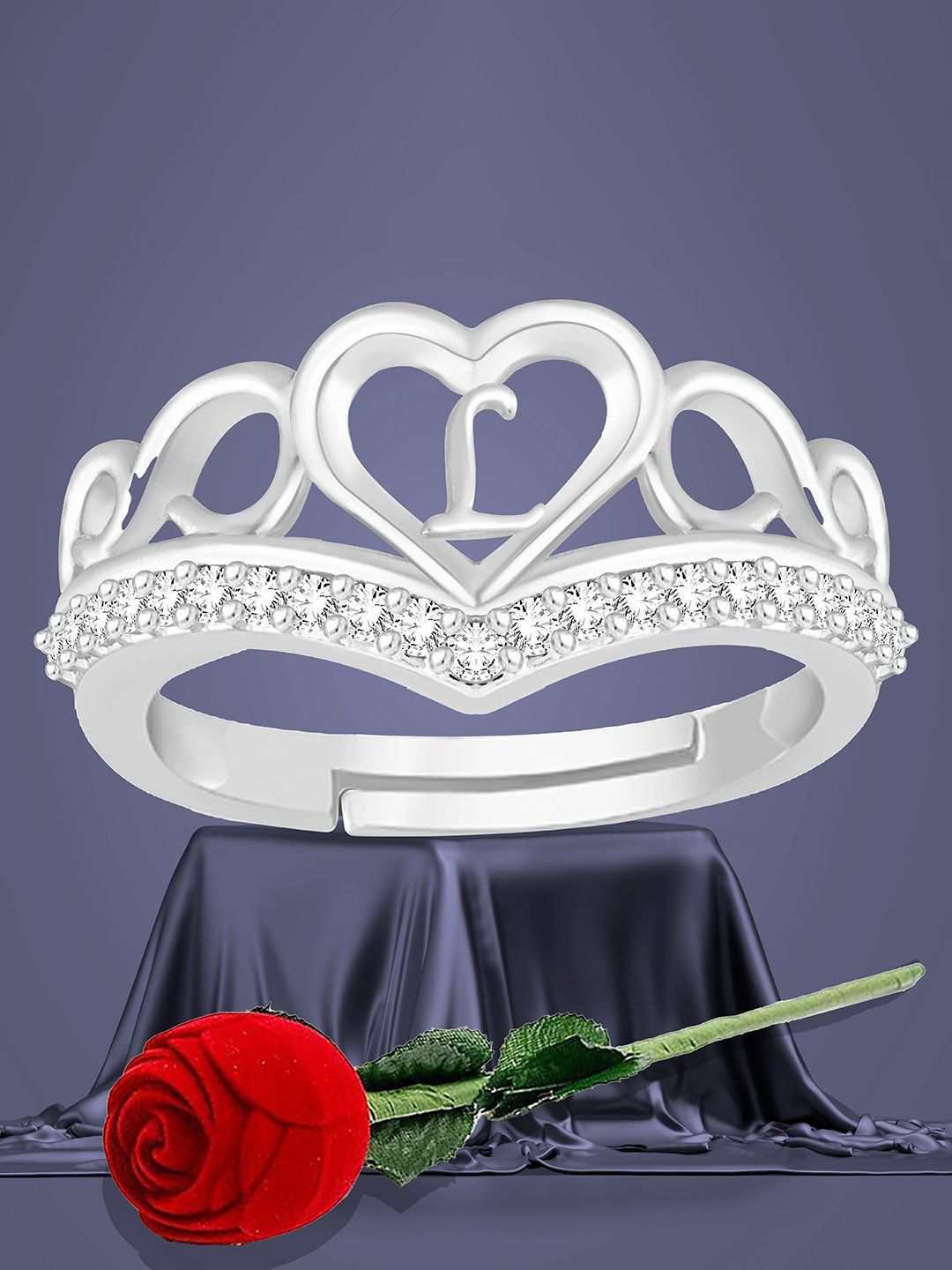 Lila Unisex Silver Plated American Diamond Stone Studded L Letter Finger Ring