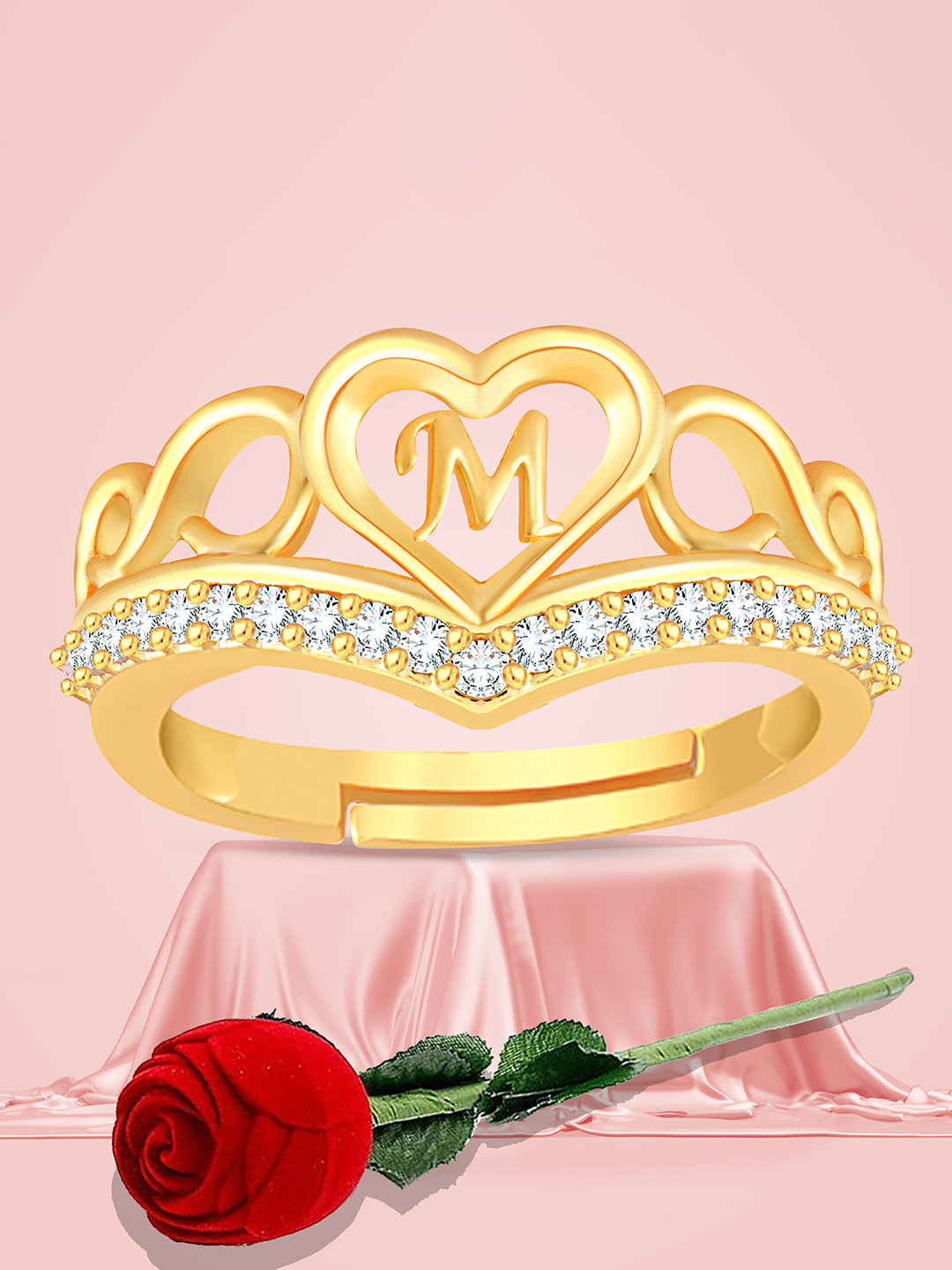 Lila Gold-Plated American Diamond Studded Letter M Adjustable Ring