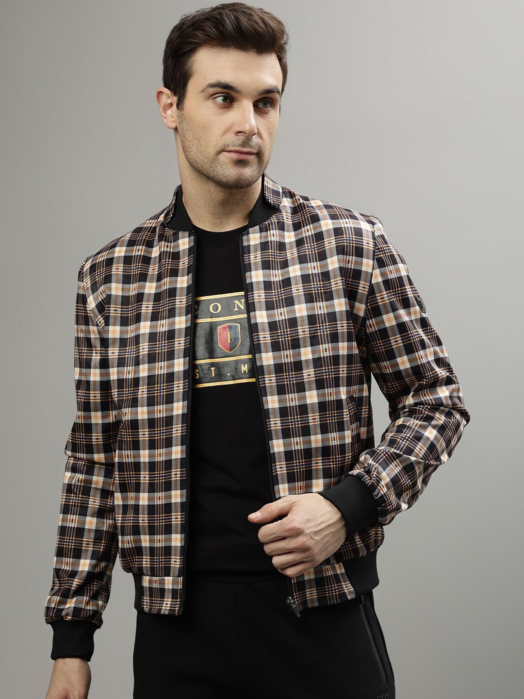 Iconic Men Checked Crop Bomber with Patchwork Jacket