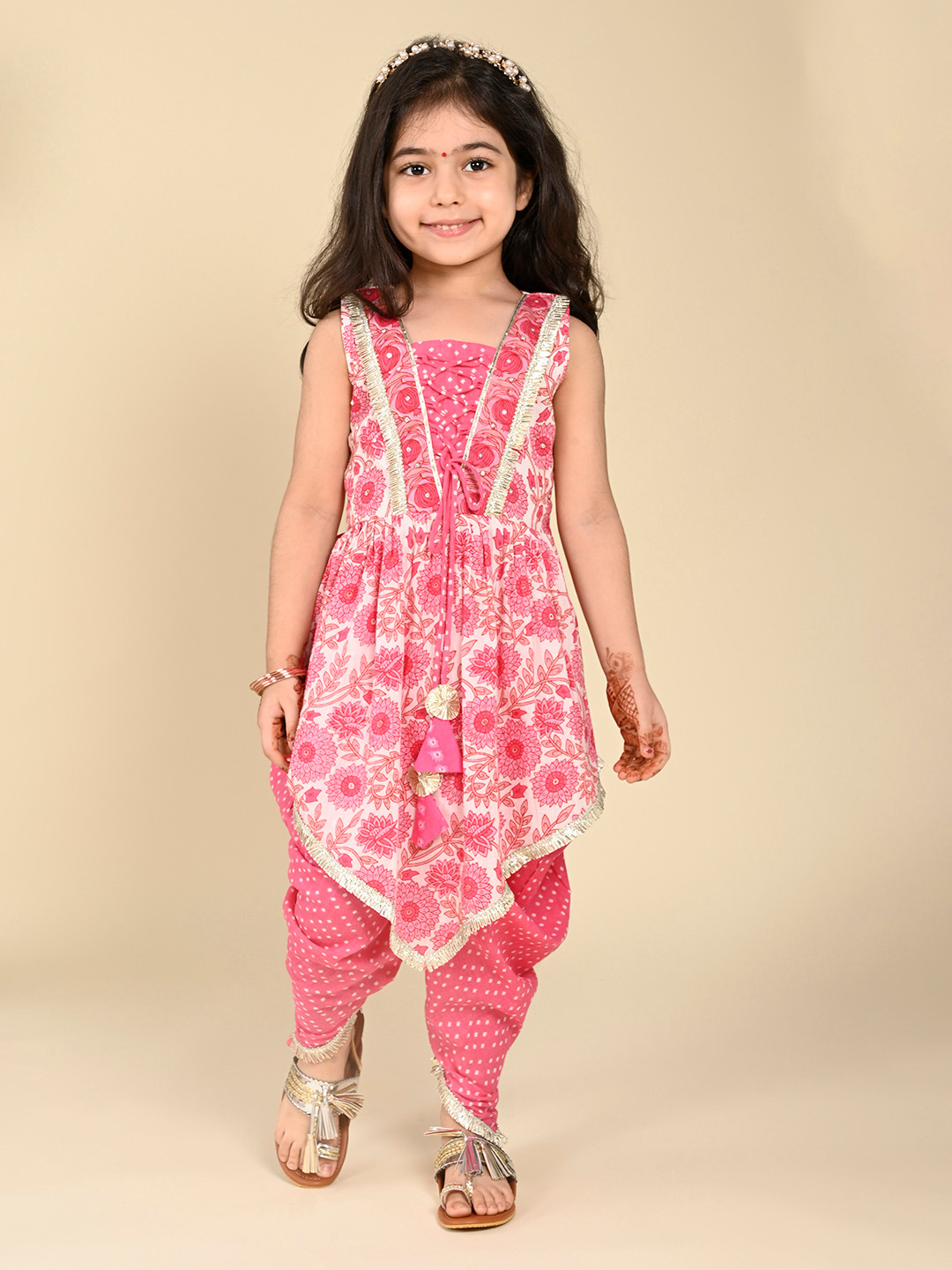 LIL PITAARA Girls Floral Printed Pure Cotton High-Low A-Line Kurta with Dhoti Pants