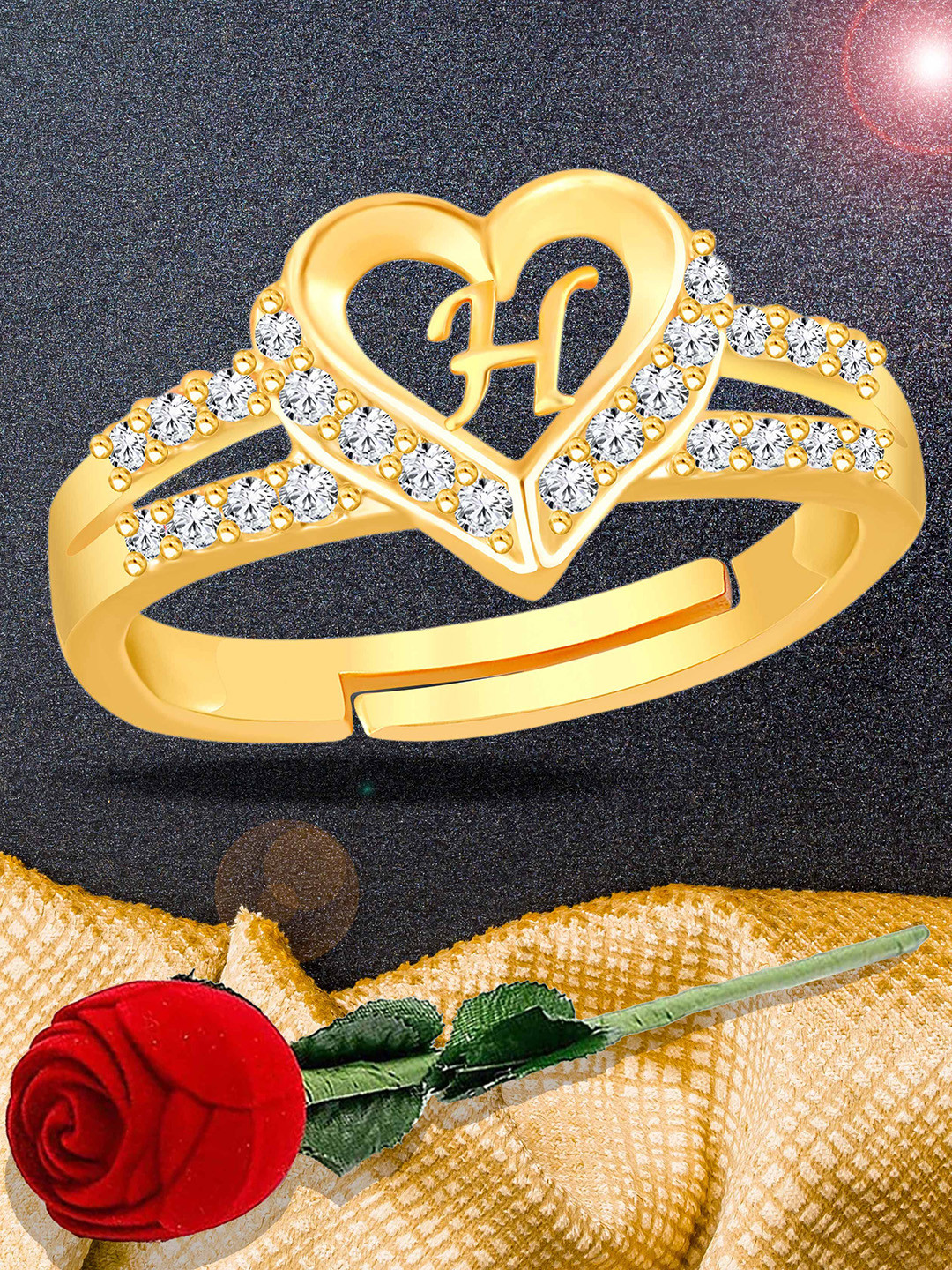 Lila Unisex Gold-Plated American Diamond Studded H Alphabet Detail Adjustable Finger Ring