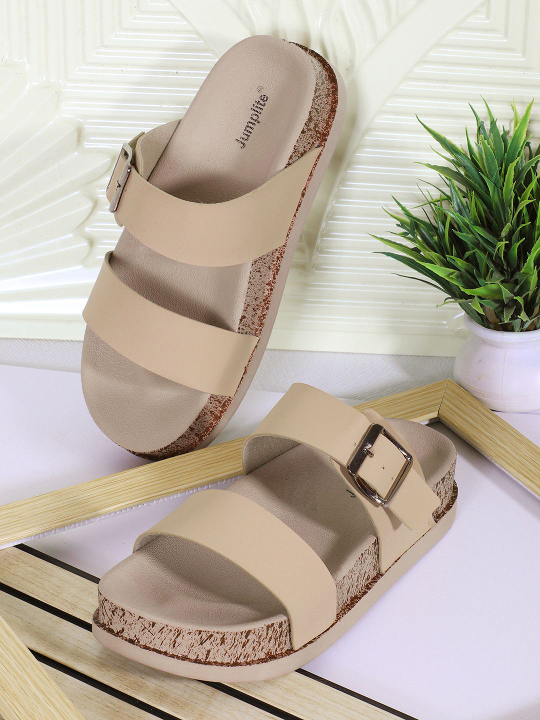 JUMPLITE Women Open Toe Flats Wth Buckles Detail