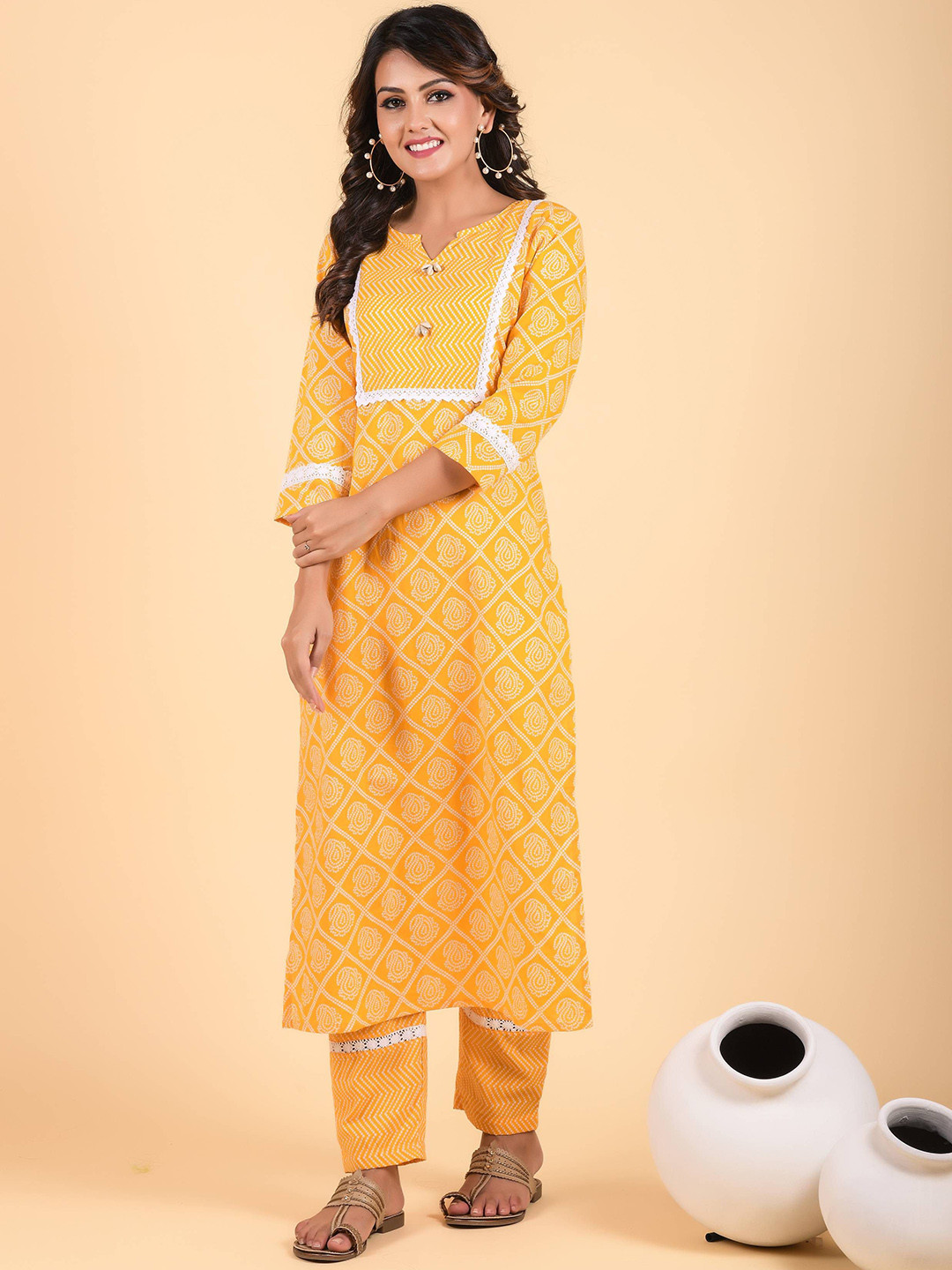 Anastay Clothing Women Bandhani Yellow Printed Regular Pure Cotton Kurta with Palazzos Set