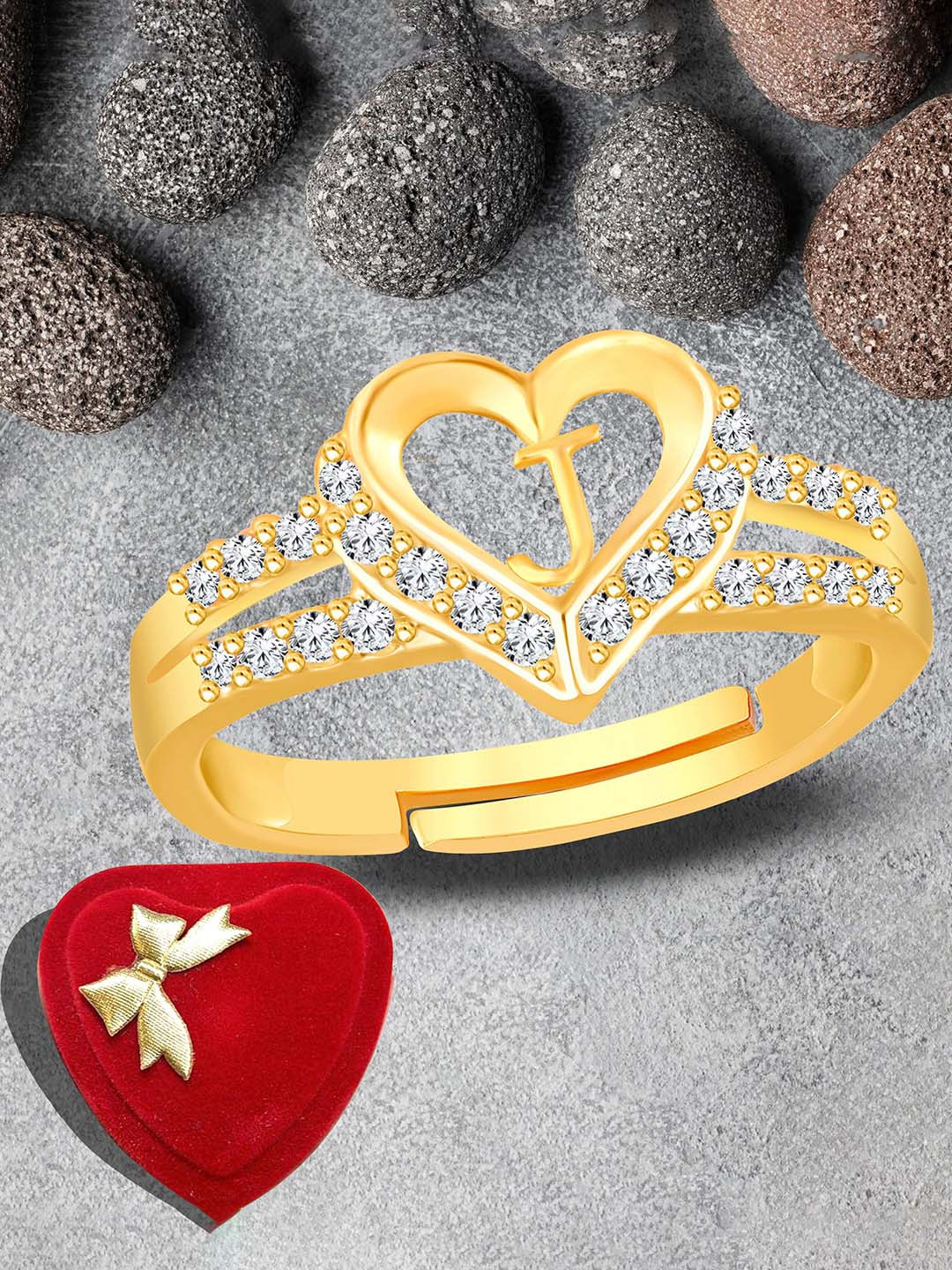 Lila Gold-Plated American Diamond Studded With J Alphabet Detail Adjustable Finger Ring