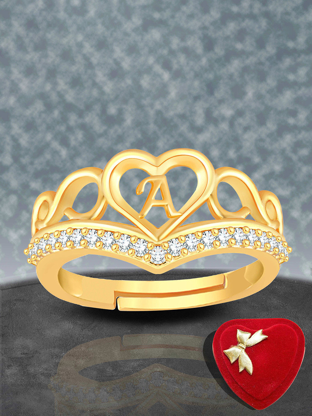 Lila Gold-Plated American Diamond Studded Alphabet A Heart Shaped Finger Ring