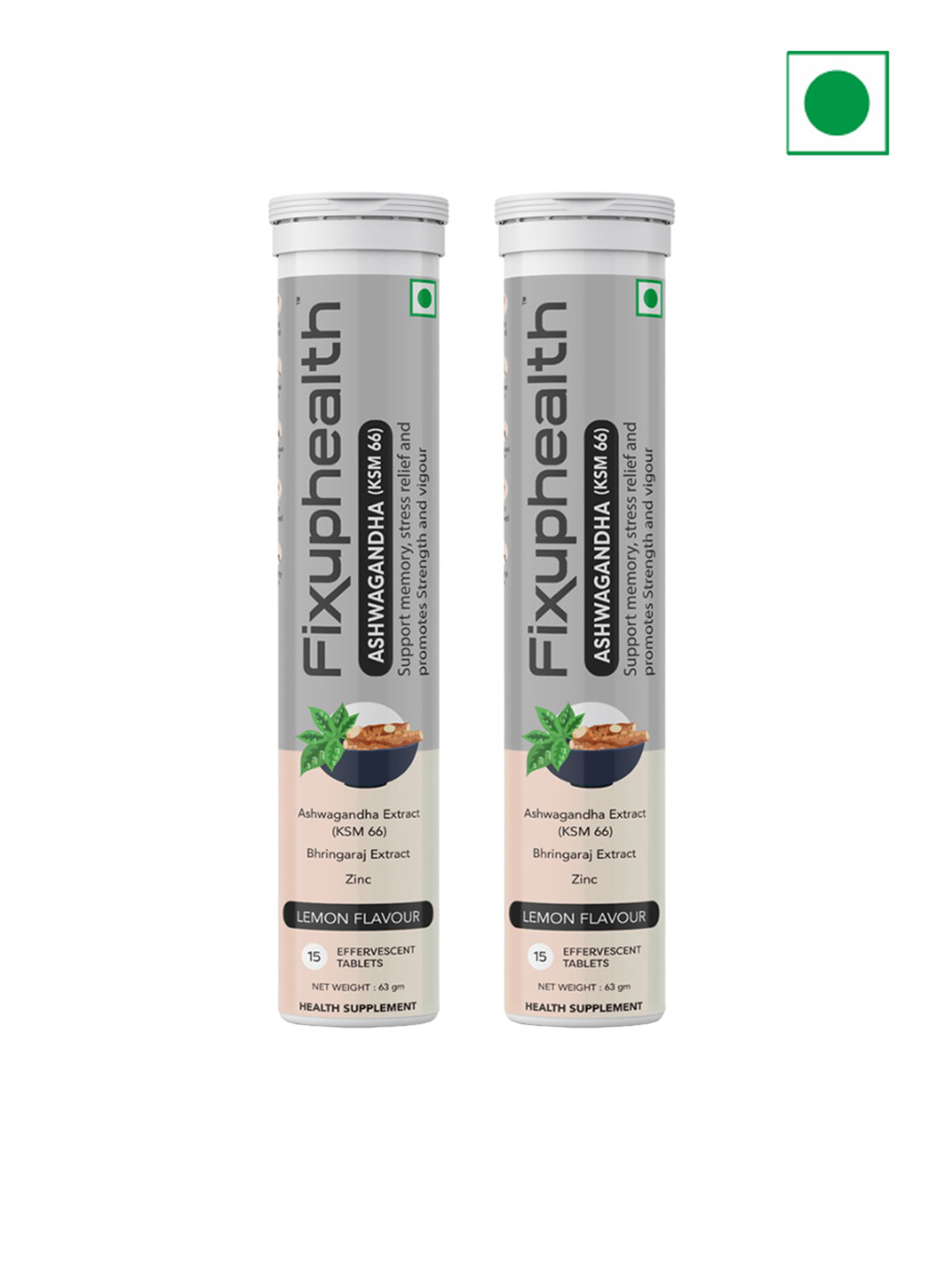Fixuphealth Set Of 2 Ashwagandha KSM66 Effervescent Tablets -15 Tabs Each- Lemon Flavour