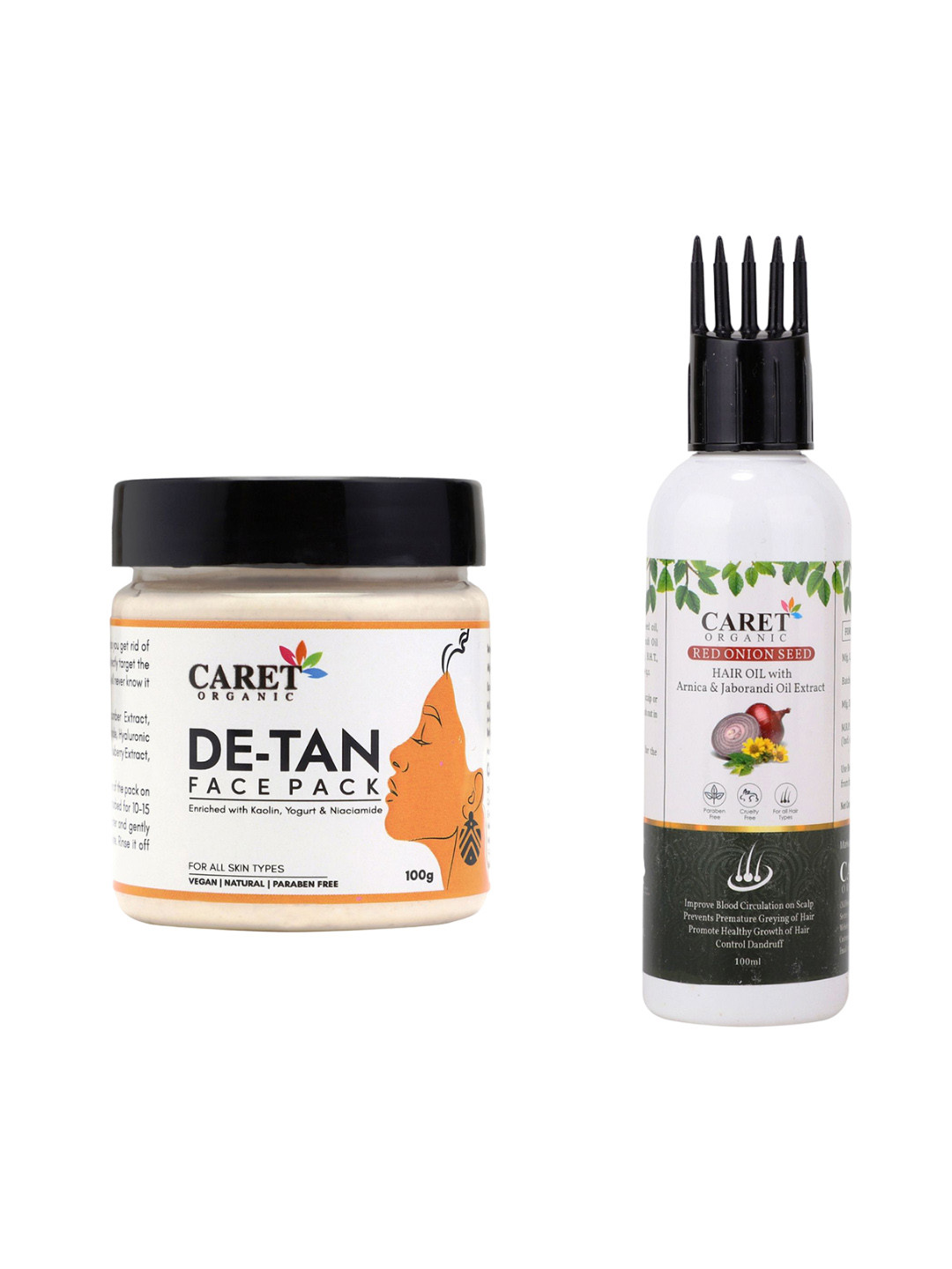CARET ORGANIC De-Tan Face Pack - 100 g With Red Onion Seed Hair Oil - 100 ml