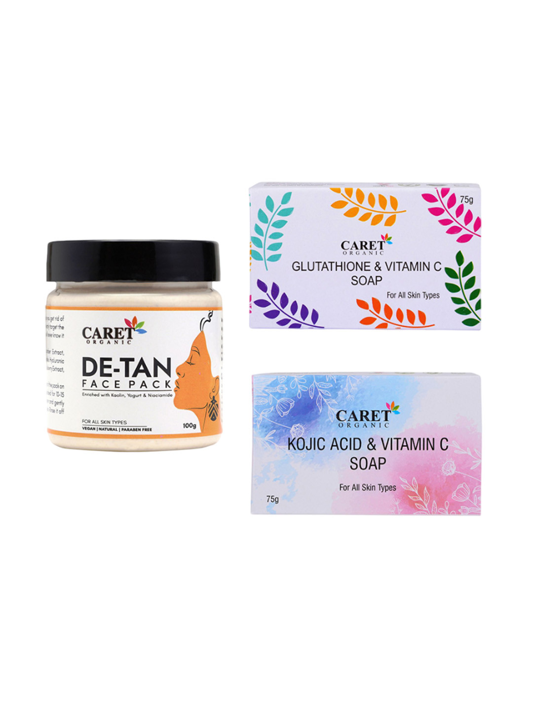 CARET ORGANIC De-Tan Face Pack, kojic Acid Vitamin C Soap & Glutathione Soap