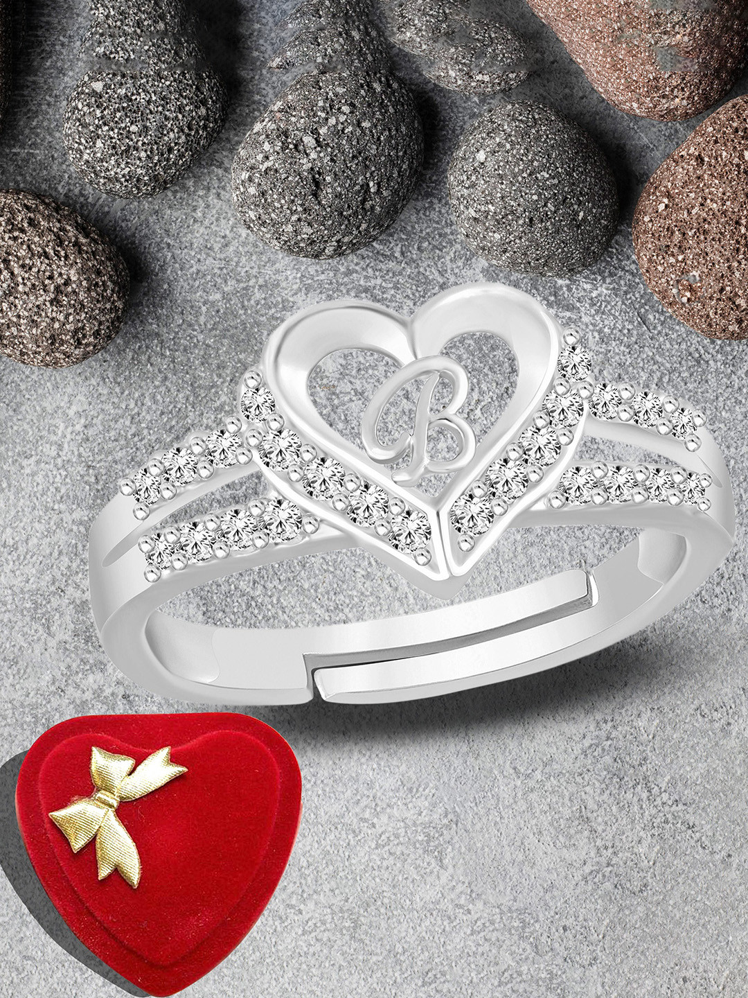 Lila Unisex Silver-Plated Stones-Studded B Letter Adjustable Finger Ring