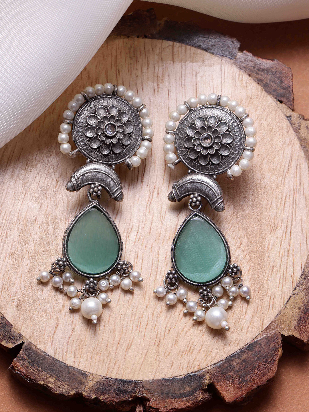 PANASH Silver Plated Cubic Zirconia Oxidized Drop Earrings