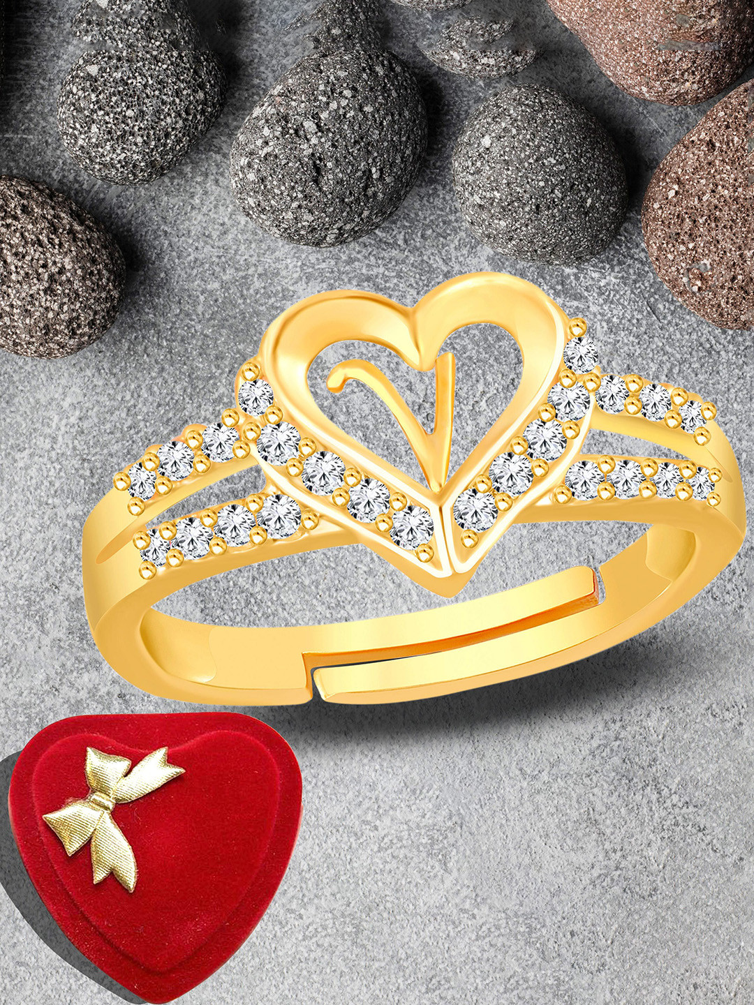 Lila Gold-Plated American Diamond Studded & V Alphabet Detail Adjustable Finger Ring