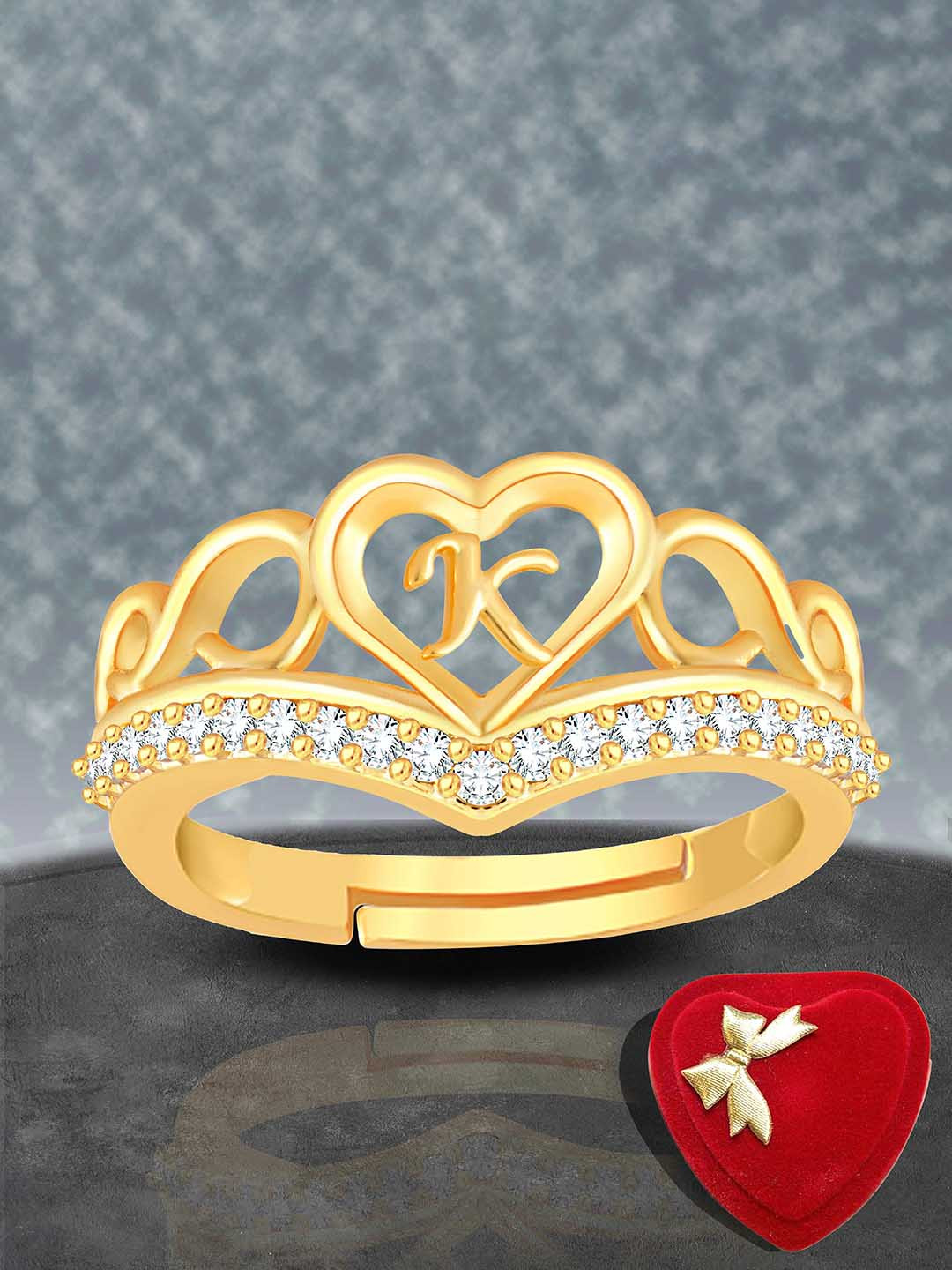Lila Gold-Plated American Diamond Studded Alphabet K Heart Shaped Finger Ring