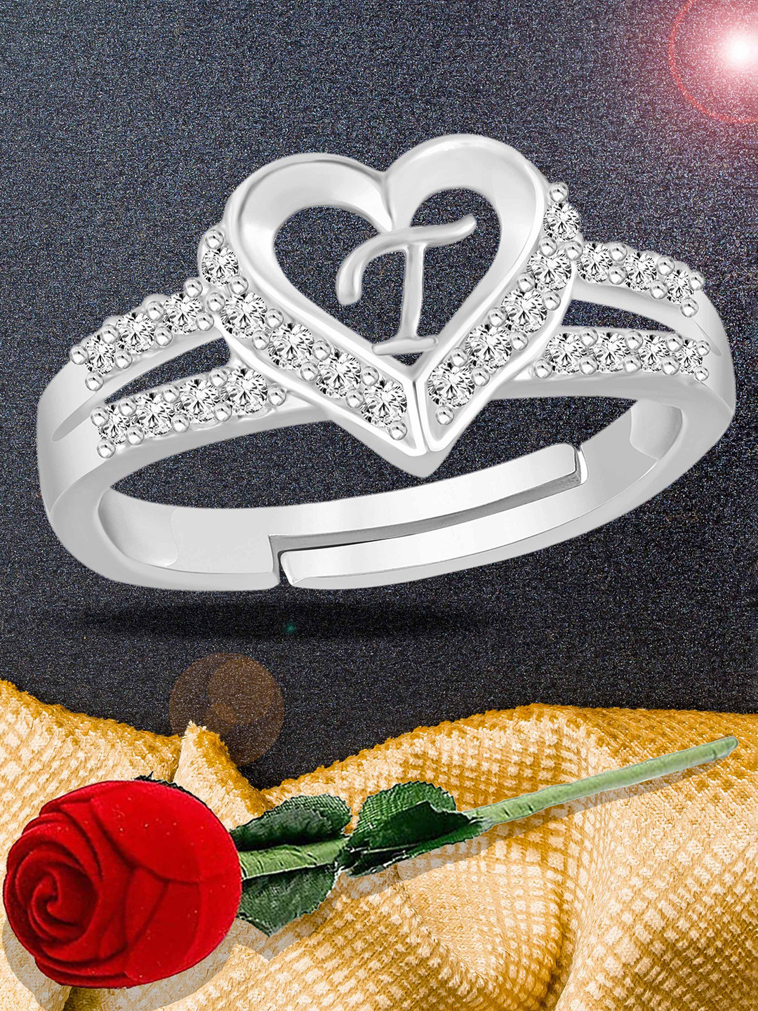 Lila Silver-Plated Stones-Studded With Alphabet T Finger Ring