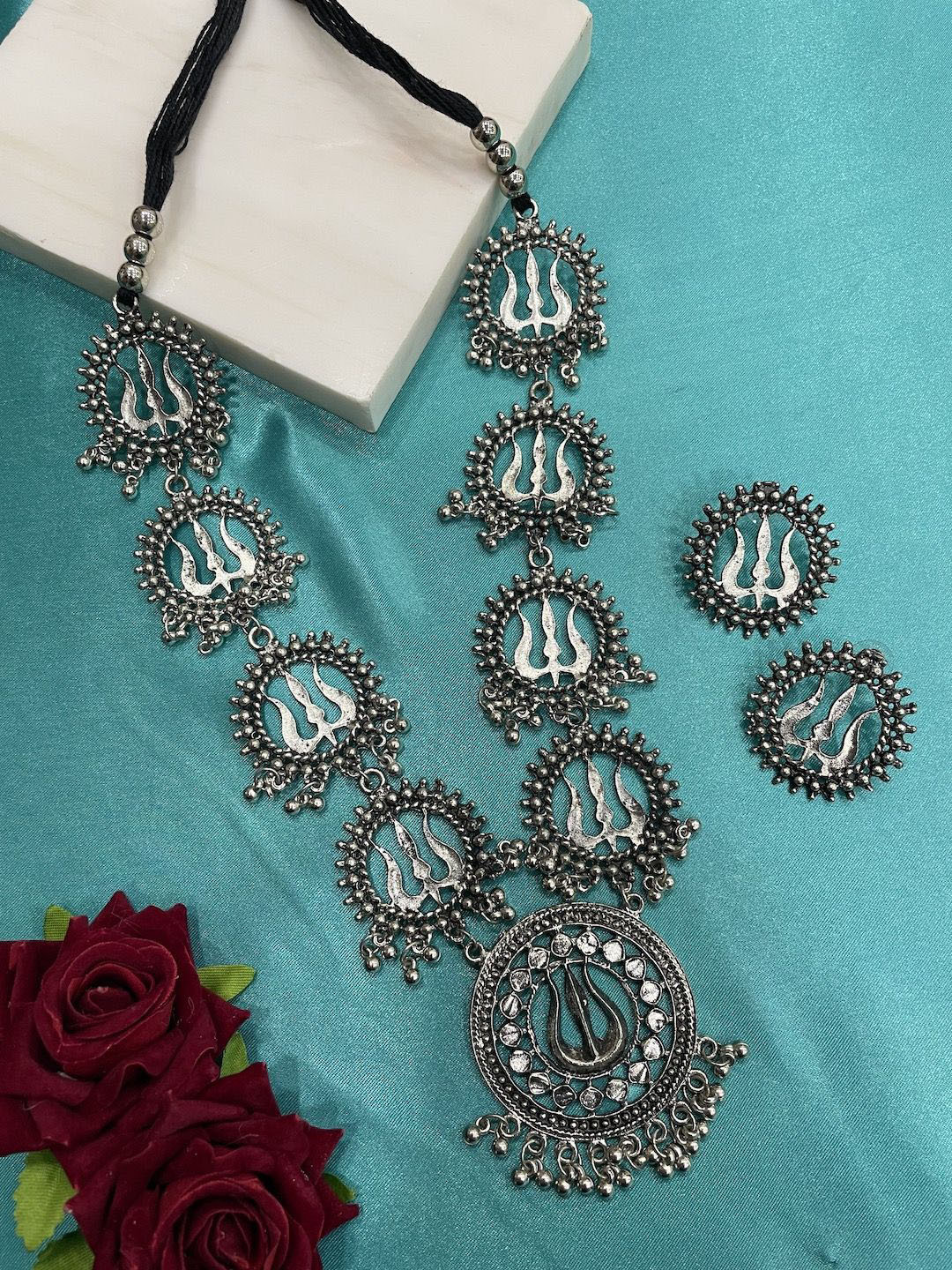 Digital Dress Room Silver Plated Beaded Trishul Design Necklace & Earrings