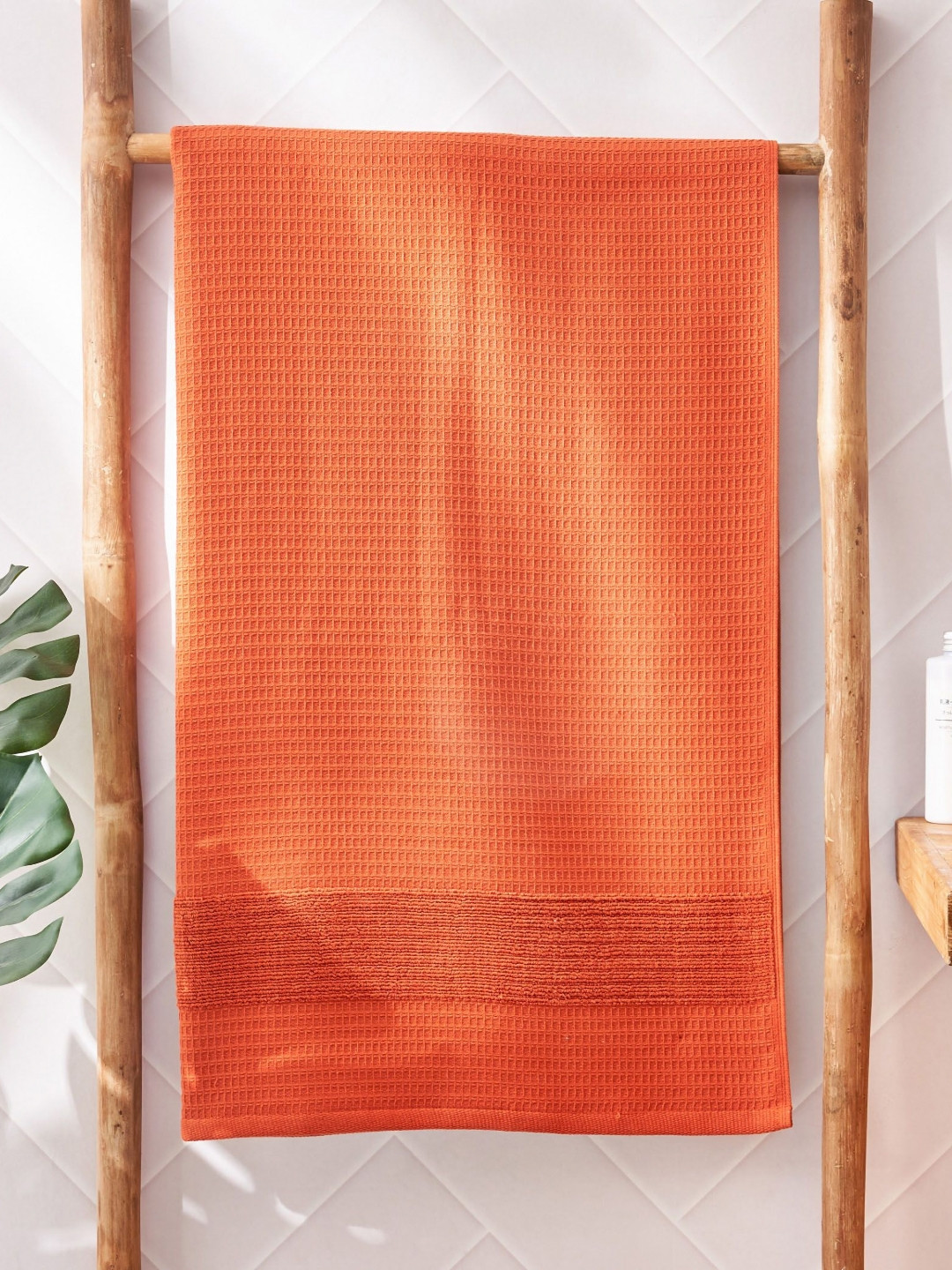 Home Centre Nova Townsquare Waffle Orange Striped Cotton 450 GSM Bath Towel