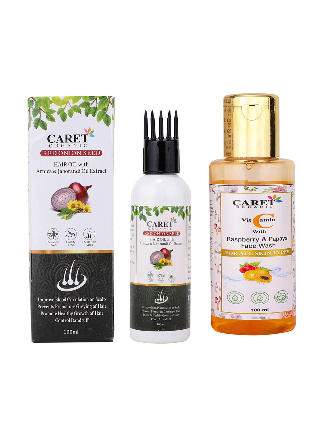 CARET ORGANIC Red Onion Seed Hair Oil & Vitamin C With Raspberry Face Wash - 100 ml Each