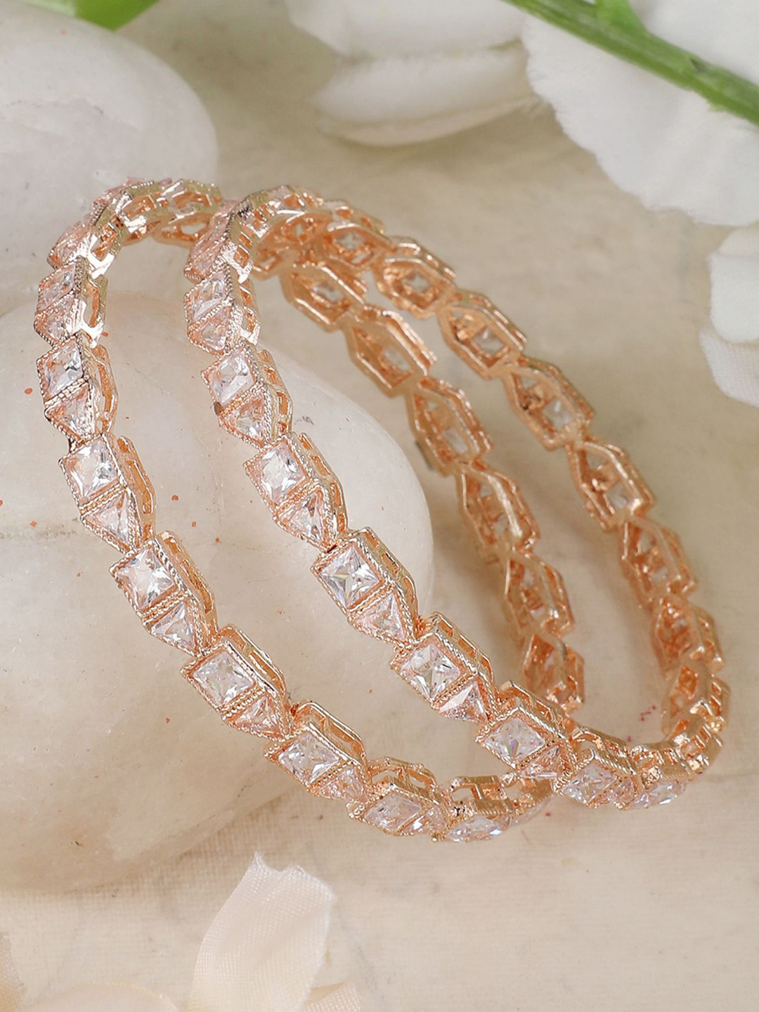 ANIKAS CREATION Set Of 2 Rose Gold-Plated American Diamond Studded Baguette Cut Bangles