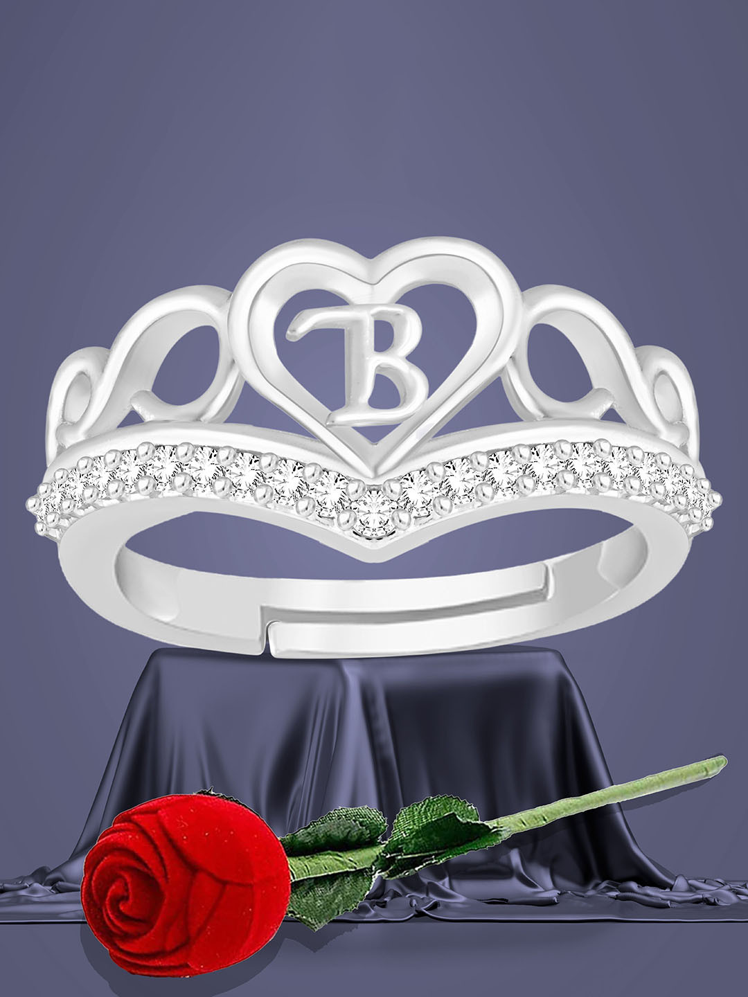 Lila Silver-Plated American Diamond Stone-Studded With B Alphabet Adjustable Finger Ring