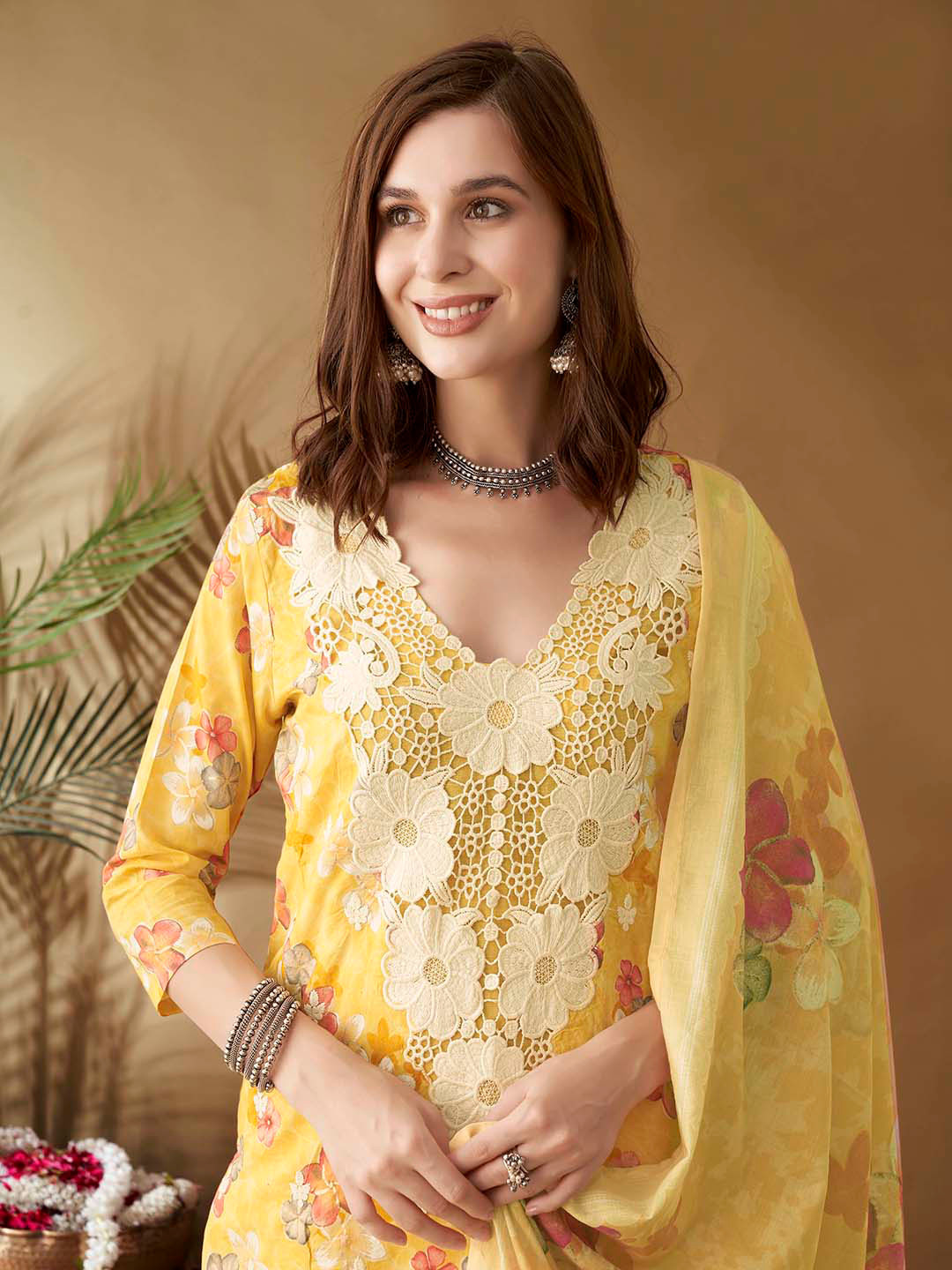 Anouk Women Floral Printed Regular Patchwork Pure Cotton Kurta Set With Dupatta