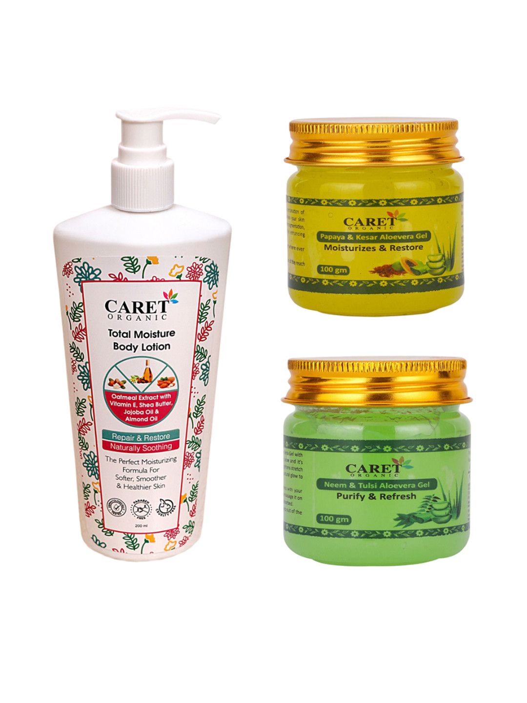 CARET ORGANIC Total Moisture Body Lotion & Papaya Kesar Gel & Neem Tulsi Aloevera Gel
