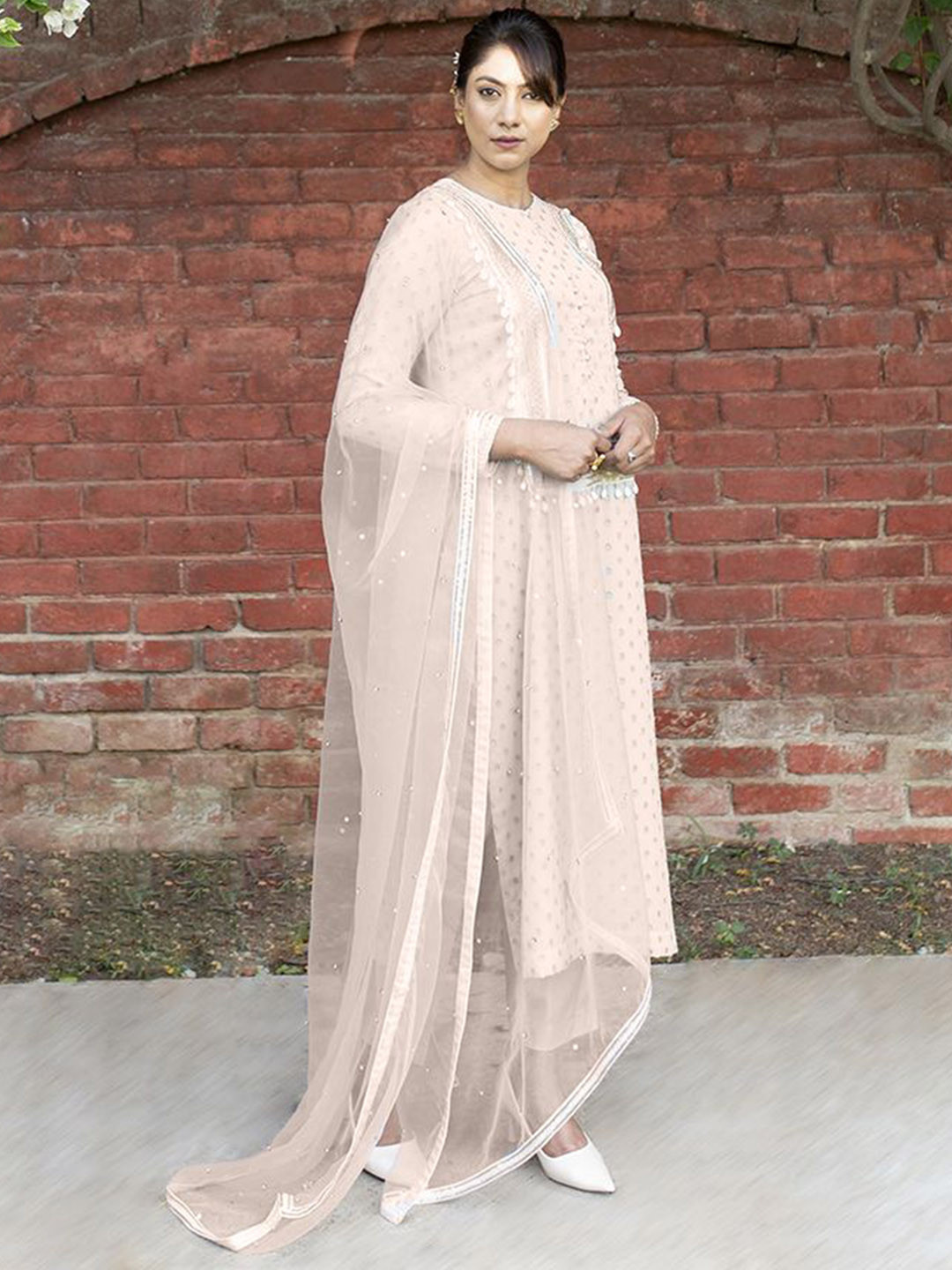 KOVET Floral Woven Design Embroidered Georgette Kurta with Trouser & Dupatta