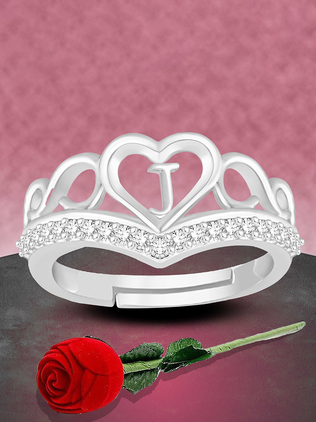 Heer Collection Unisex Silver-Plated AD Studded Alphabet J Heart-Shaped Finger Ring