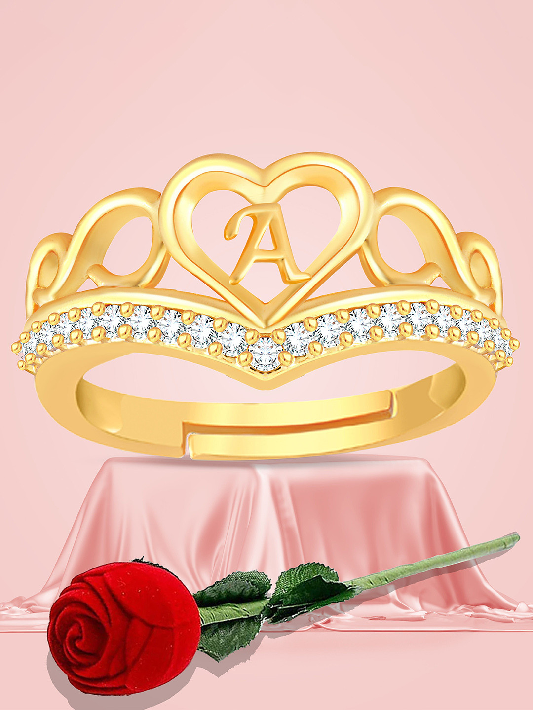 Lila Unisex Gold-Plated American Diamond Stones Studded A Letter Adjustable Finger Ring