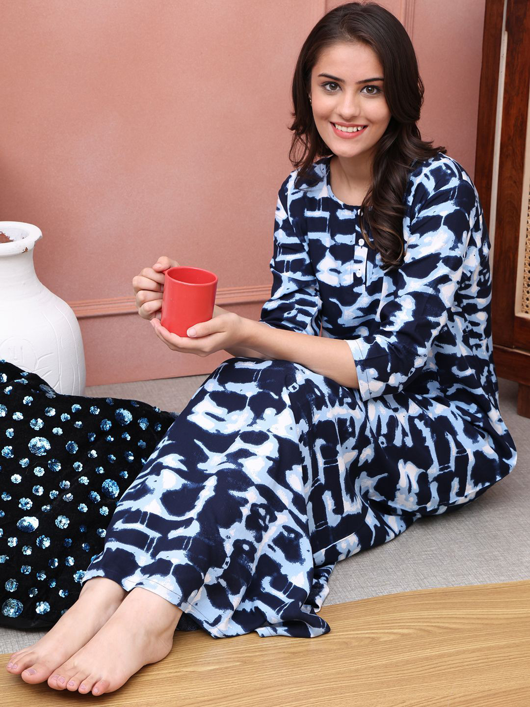 Claura Women Abstract Printed Maxi Rayon Nightdress