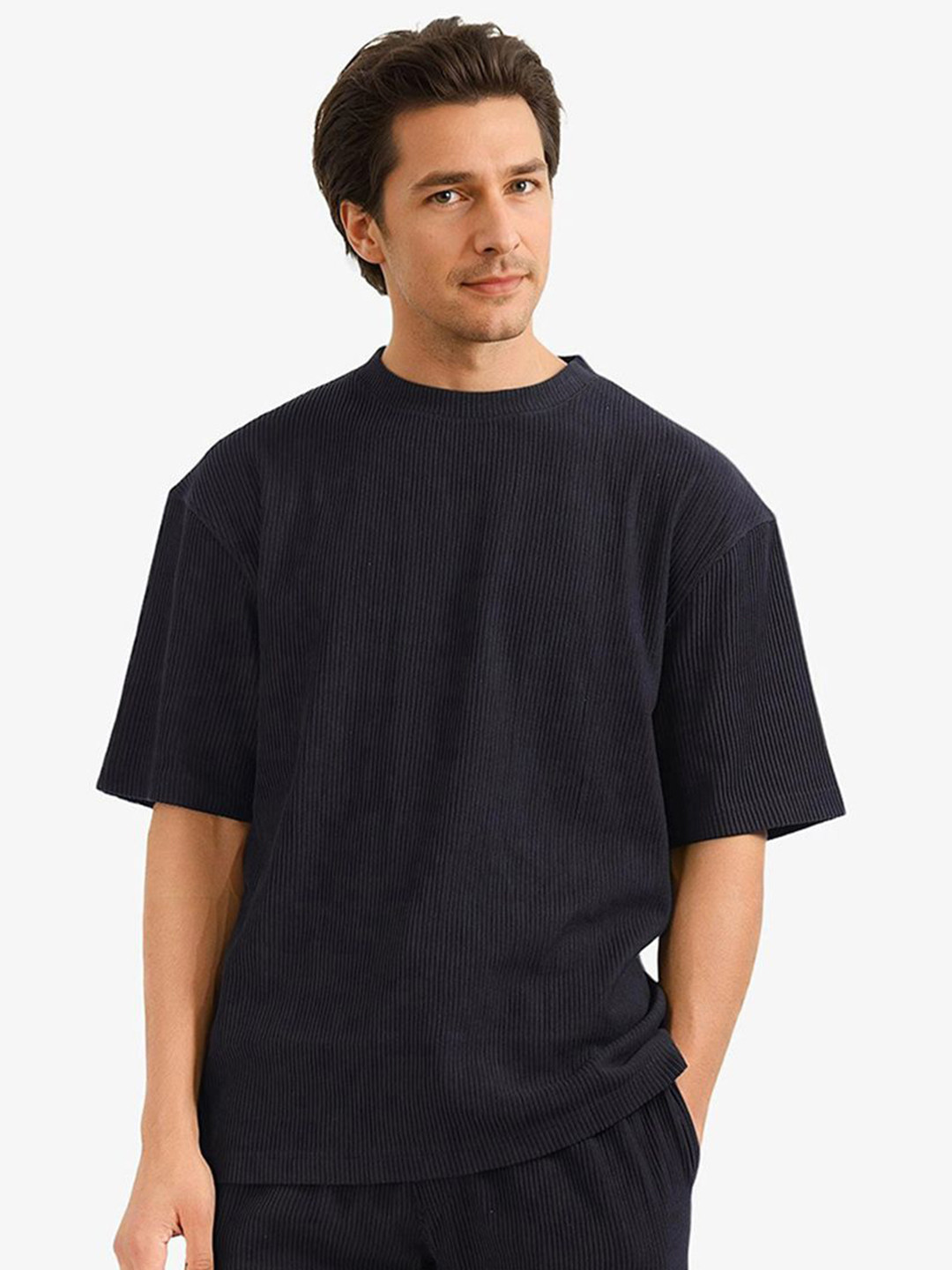 RARE RABBIT Men Self Design Round Neck Cotton Oversized T-shirt