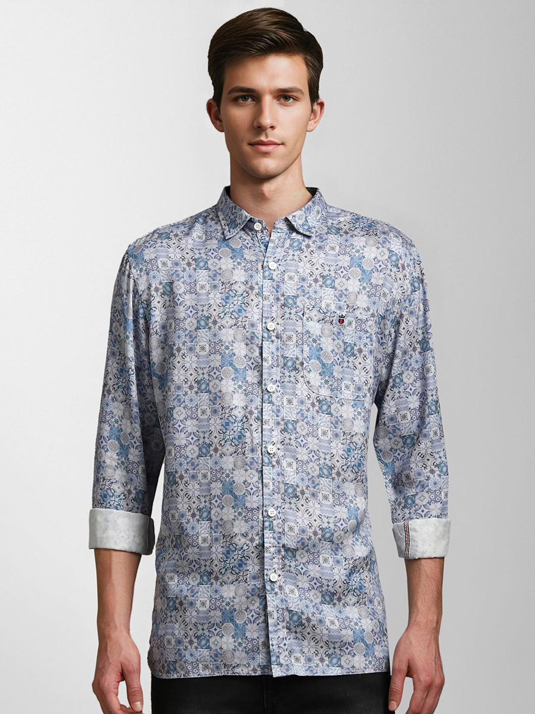 Louis Philippe Jeans Men Spread Collar Floral Printed Lyocell Casual Shirt