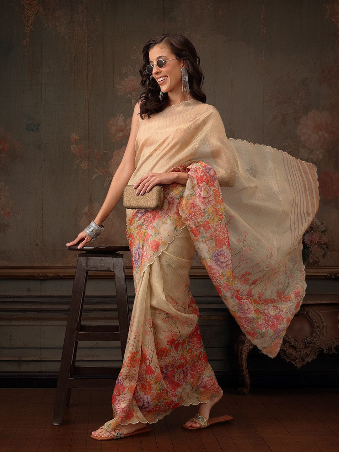 Silk Land Floral Kota Dhoria Digita Print Saree