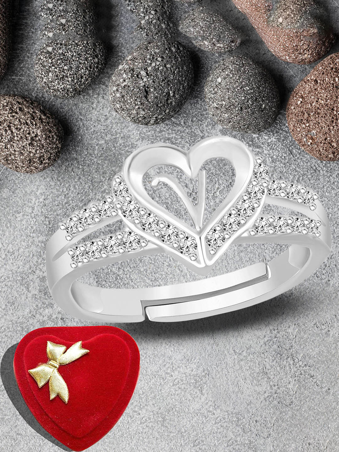 Lila Silver-Plated Stone-Studded V Alphabet Adjustable Finger Ring