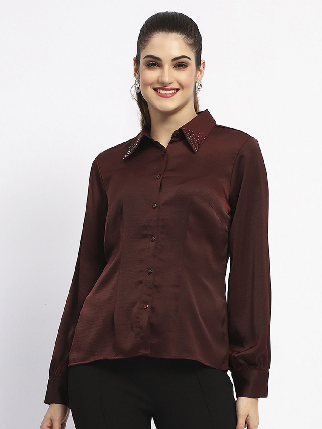 Madame Women Spread Collar Solid Casual Shirt