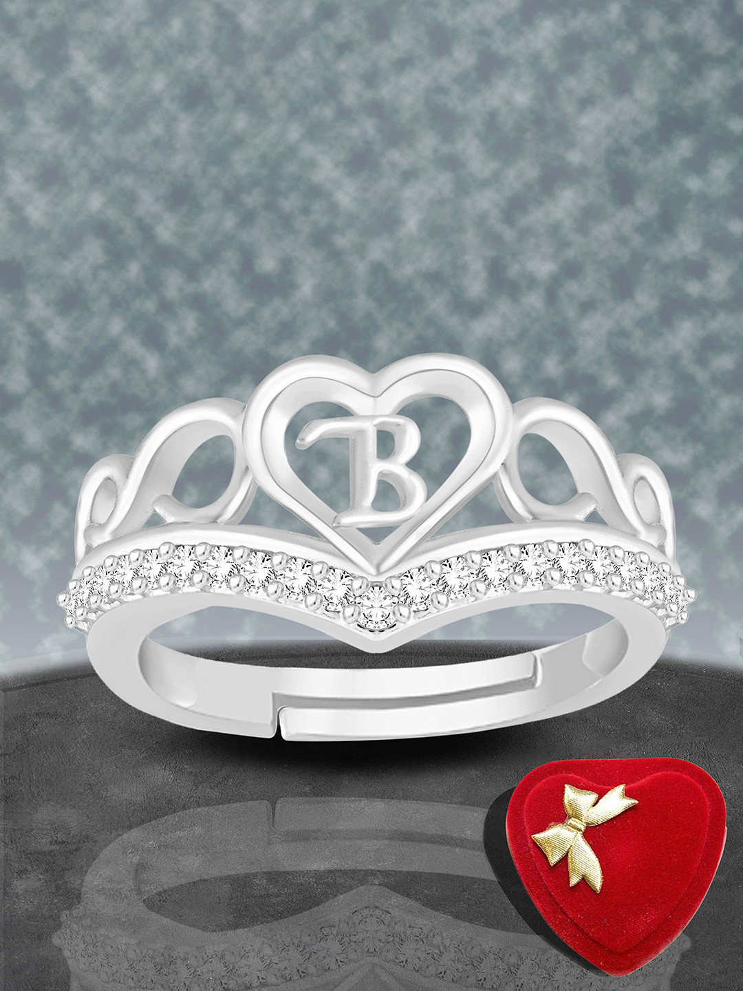 Lila Silver-Plated American Diamond Studded Alphabet B Heart Shaped Finger Ring