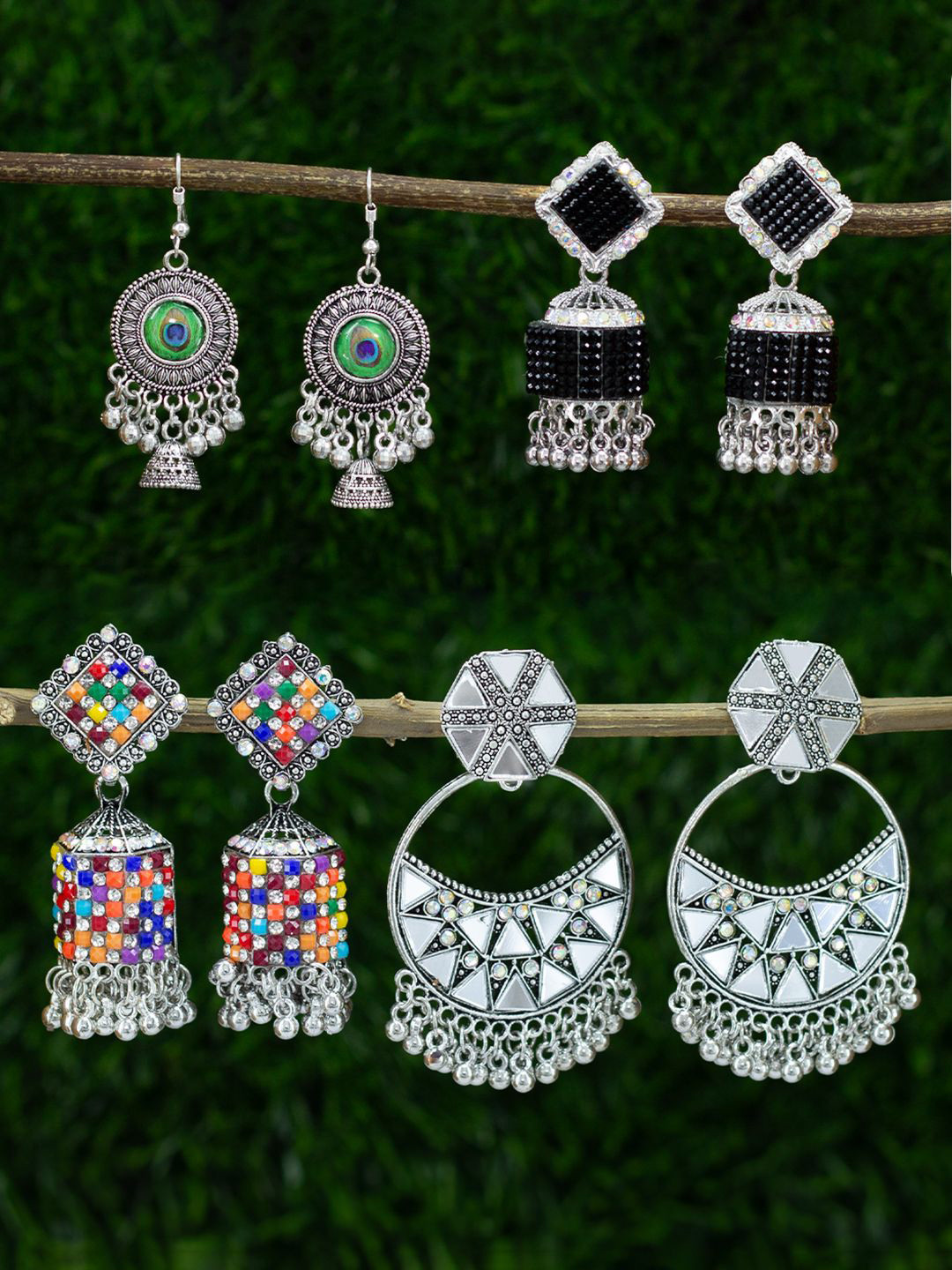 PRIVIU Set of 4 Silver-Plated Square Dome Shaped Jhumkas Earrings