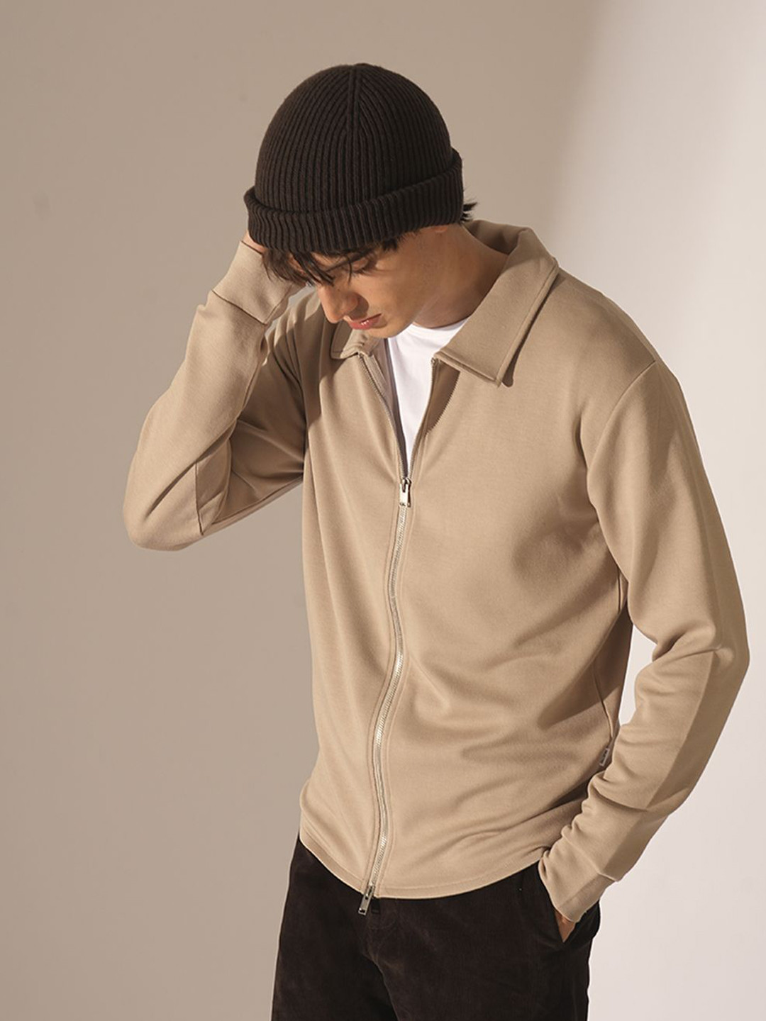 SELECTED Men Solid Shirt Collar Front-Open Sweatshirt