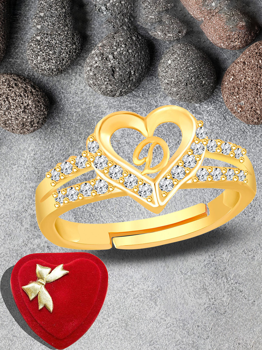 Lila Unisex Gold-Plated Heart Shaped American Diamond  Studded D Alphabet Adjustable Ring