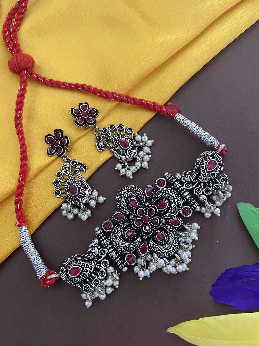 Digital Dress Room Silver Plated Stone & Beaded Studded Peacock Design Necklace & Earrings