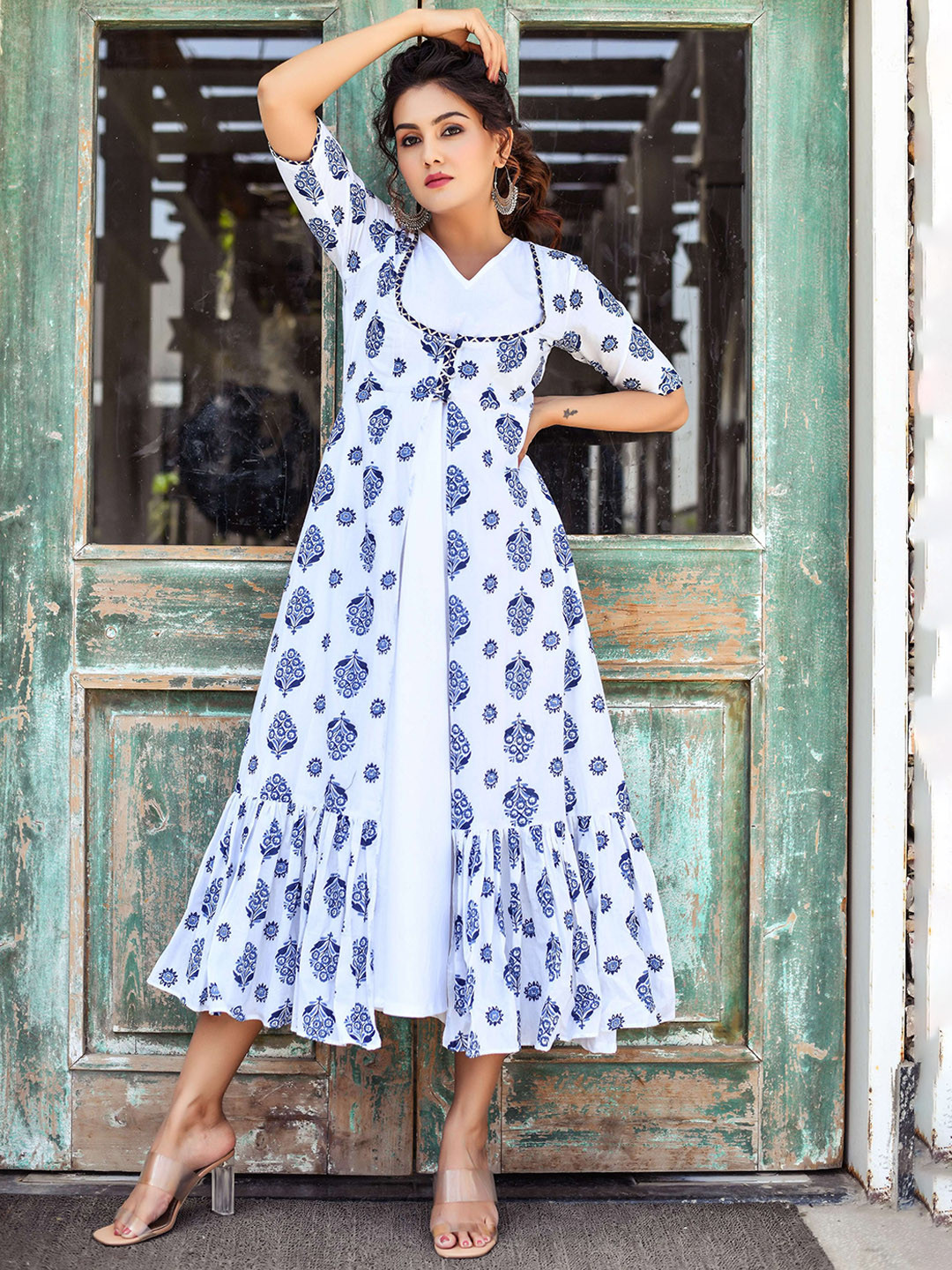 Anastay Clothing White ,Blue Printed A-Line Jacket  Women Cotton Dress