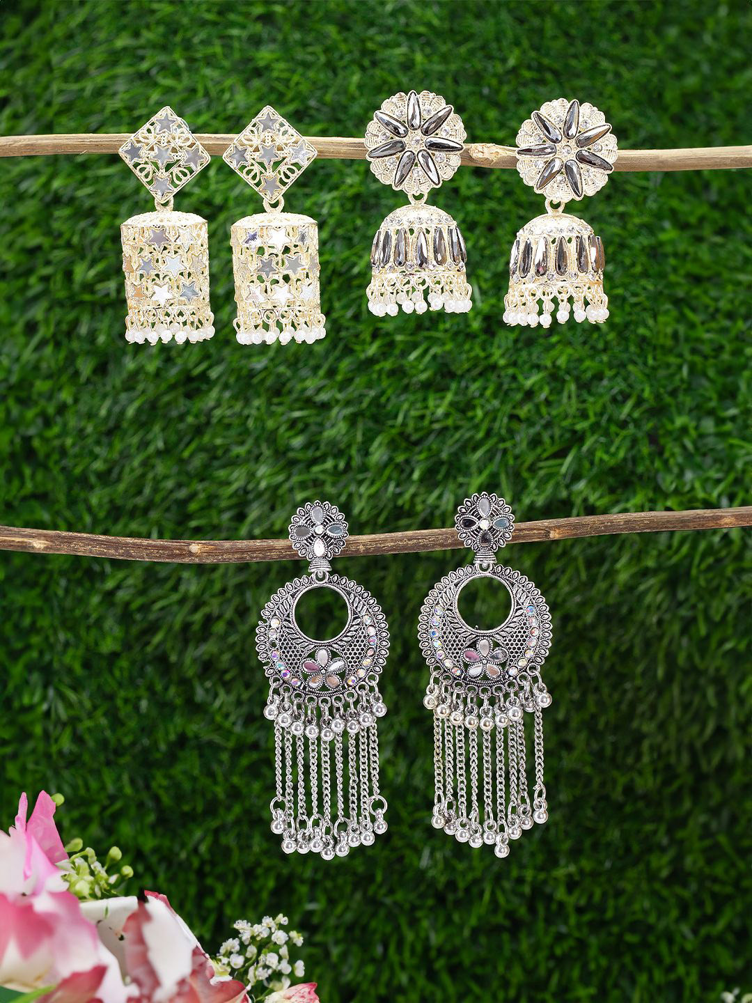 PRIVIU Set of 3 Gold-Plated Geometric Dome Shaped Beads & Mirror Stud Jhumkas Earrings