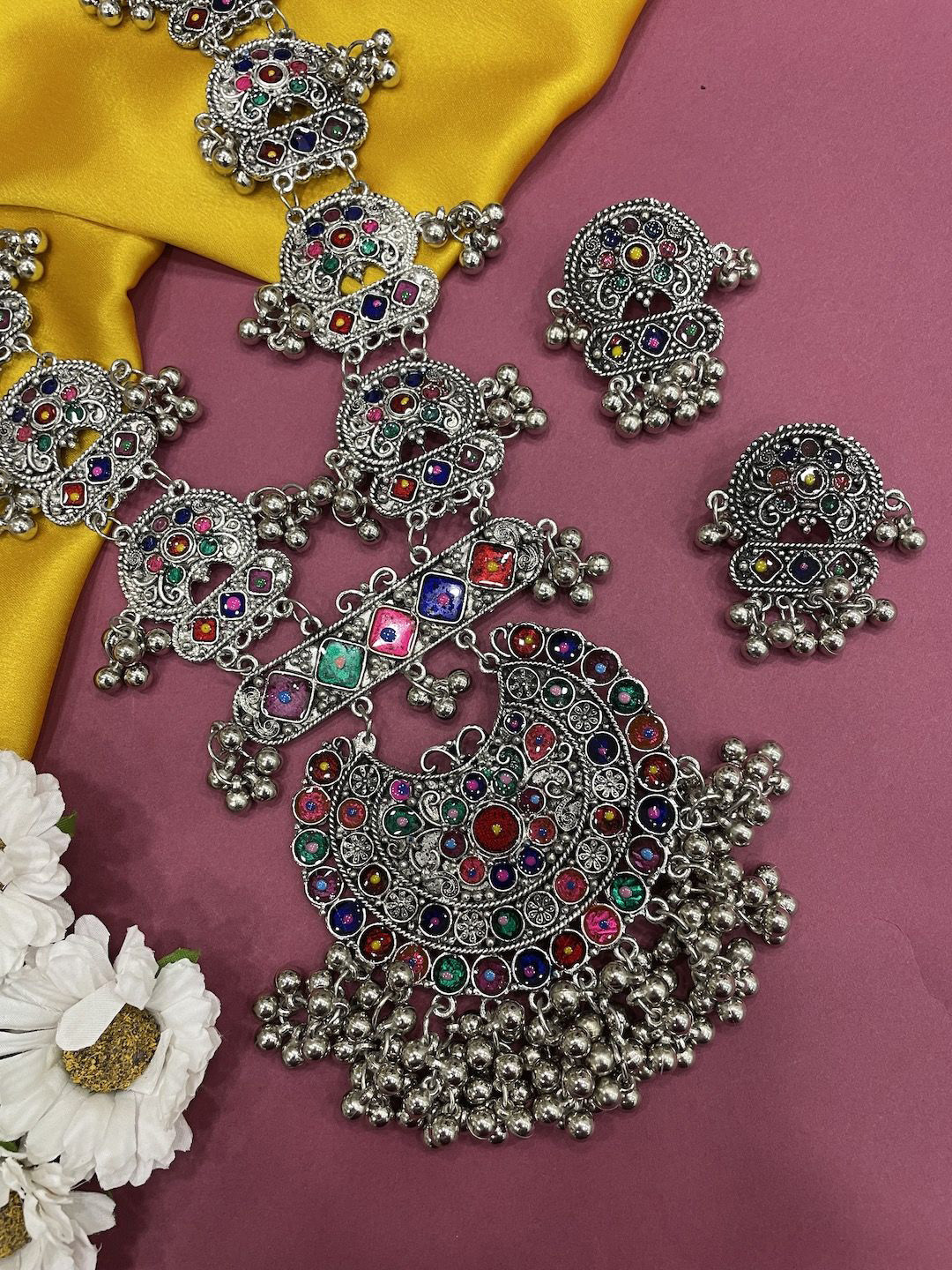 Digital Dress Room Silver Plated Banjara Design Necklace & Earrings