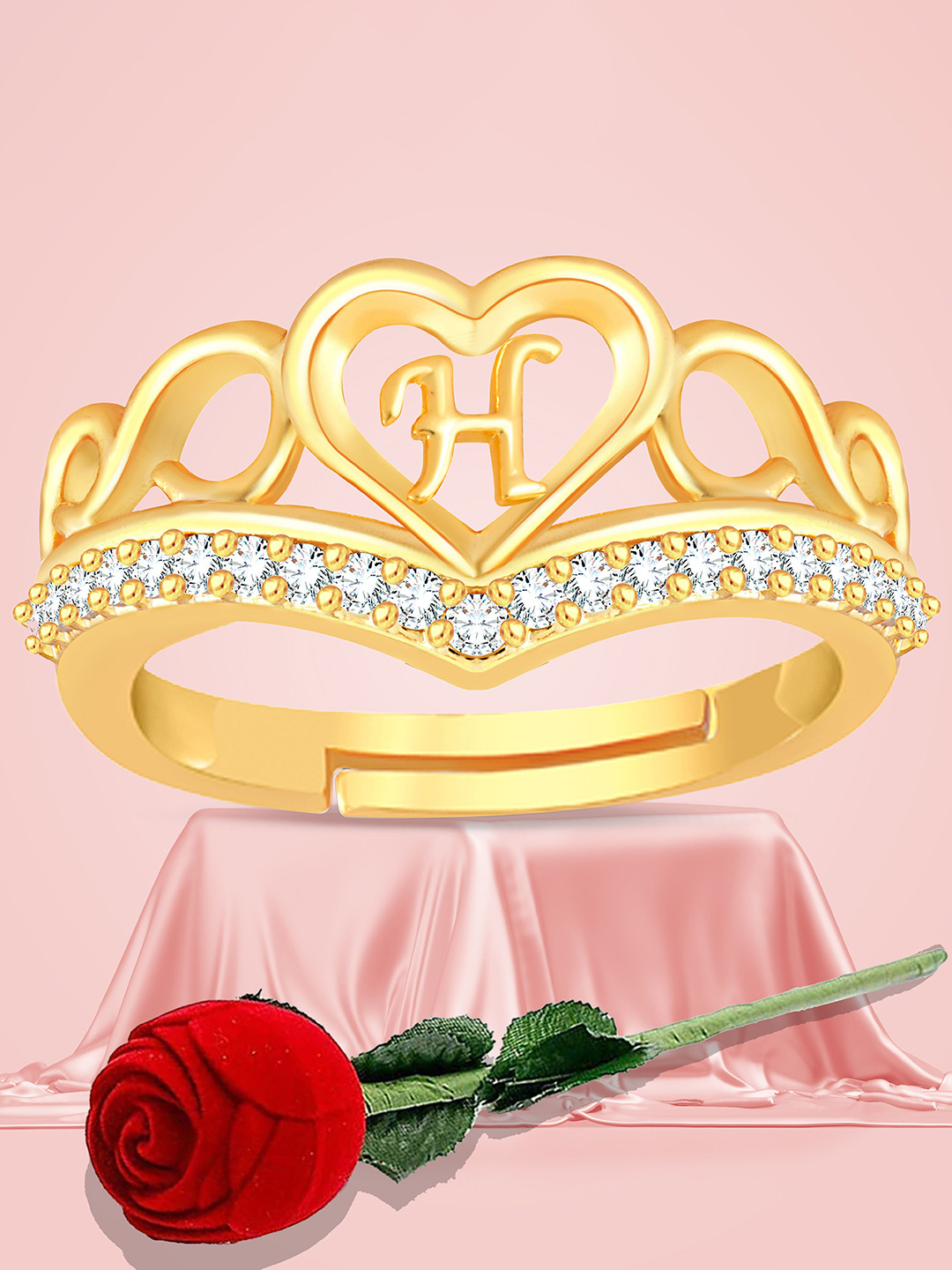 Lila Unisex Gold-Plated American Diamond Stone-Studded Heart Alphabet H Adjustable Ring