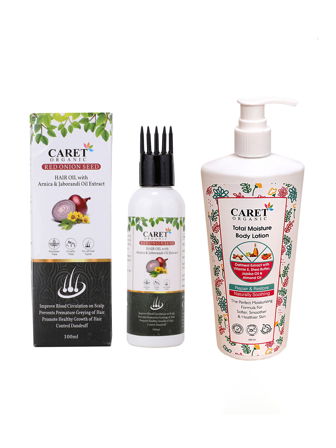 CARET ORGANIC Red Onion Seed Hair Oil - 100 ml With Total Moisture Body Lotion - 200 ml